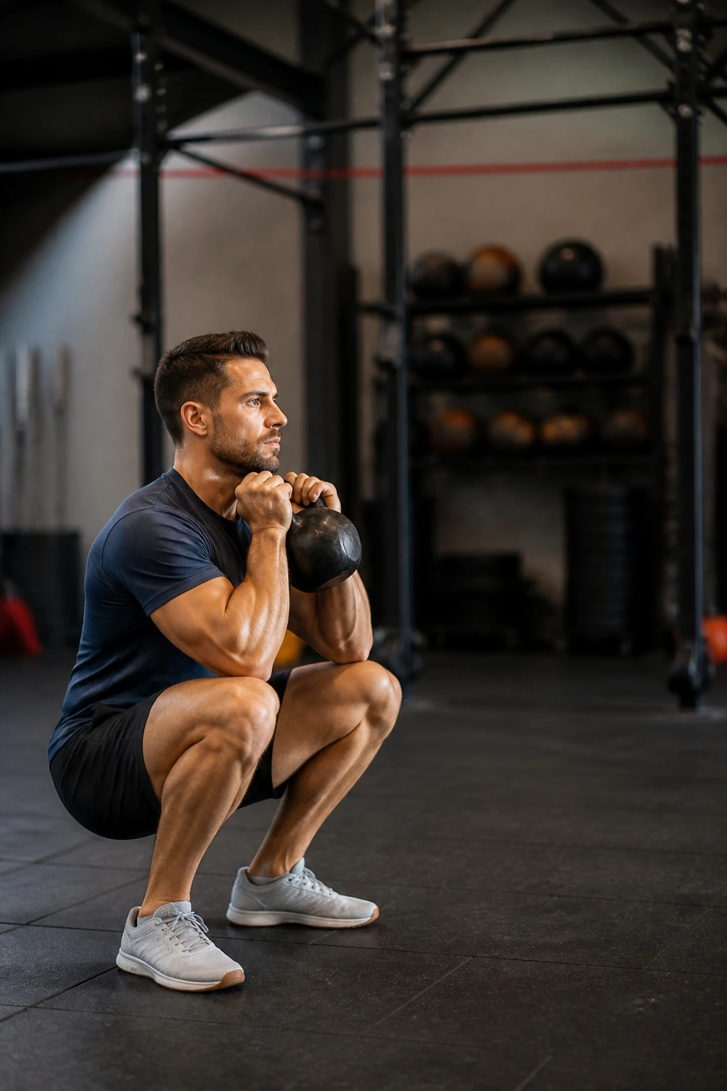 Person performing kettlebell thruster in gym setting