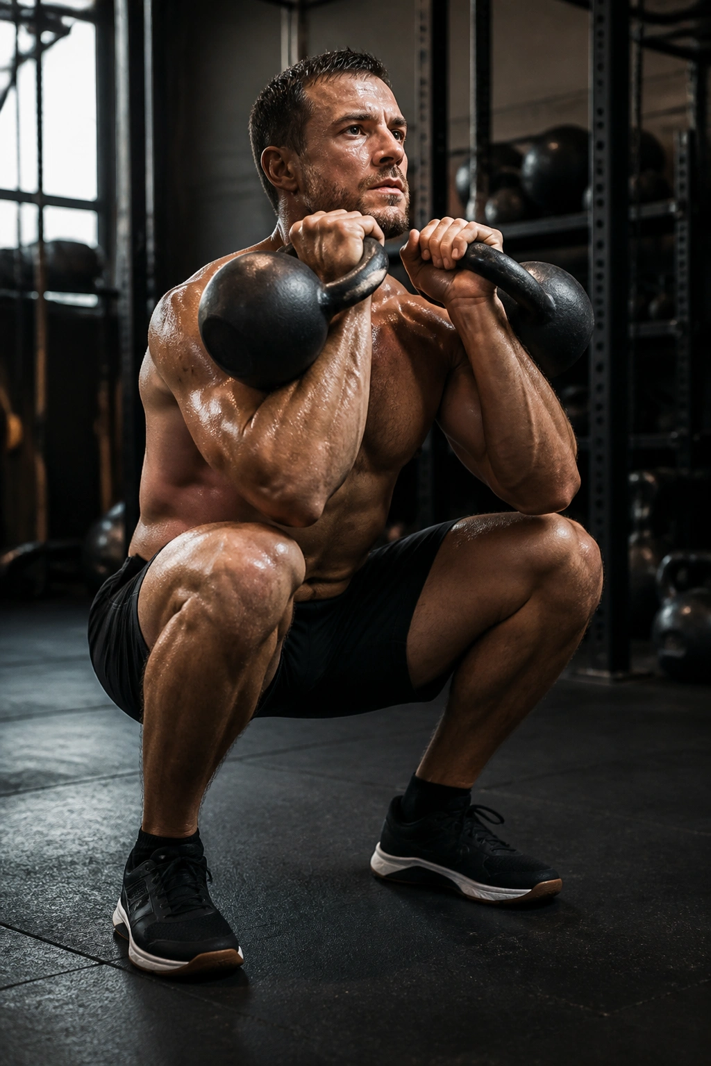 Athlete performing kettlebell thrusters in gym