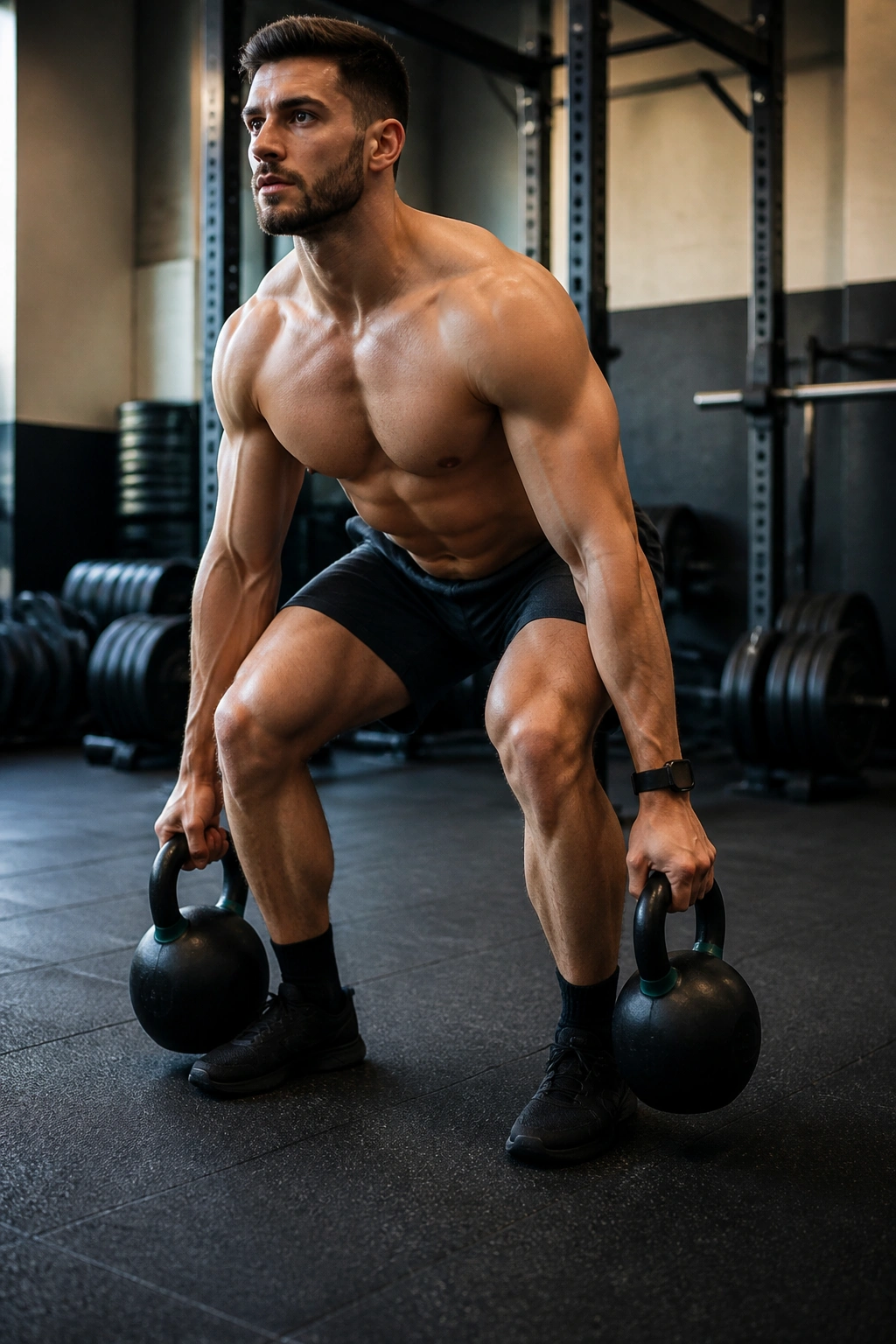Close-up of athlete performing Kettlebell Trap Bar Style Deadlift with two outer kettlebells