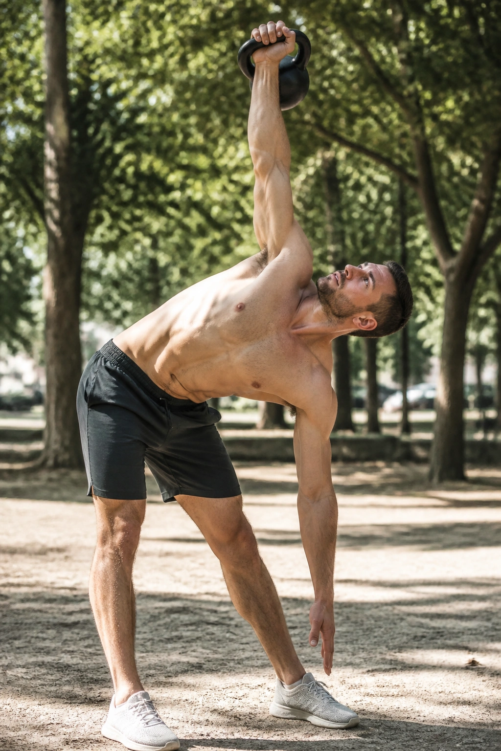 Real person performing kettlebell windmill with kettlebell overhead, side profile.
