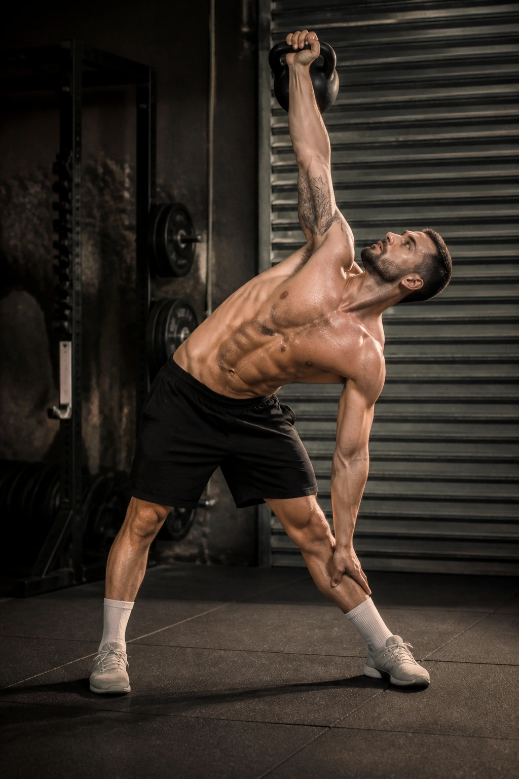 Real person performing a kettlebell windmill with overhead weight in gym