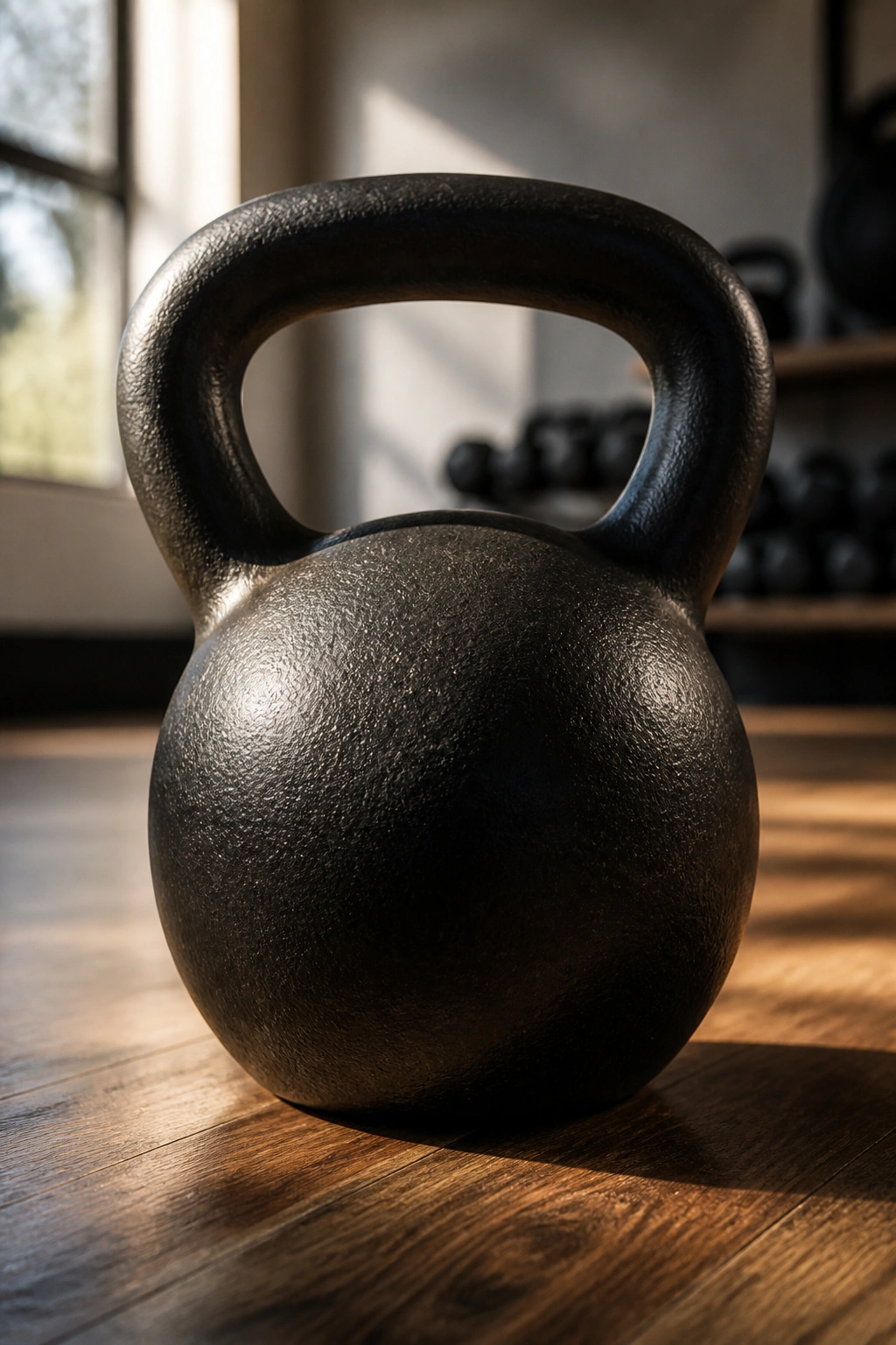 Close-up of a single kettlebell on a warm wooden floor with natural light.