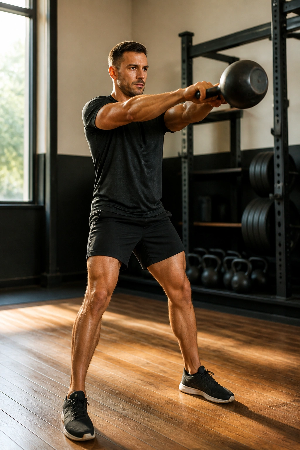 Mid-shot of a person performing a kettlebell swing in a gym, emphasizing hip hinge