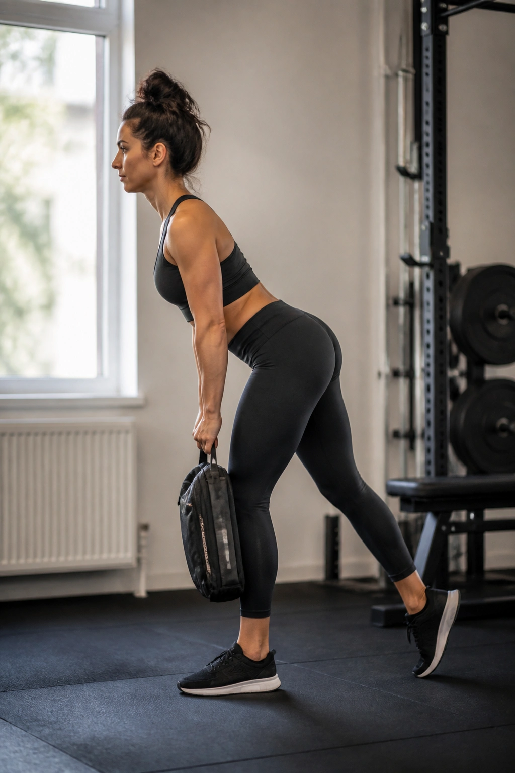 Side view of Kickstand Romanian Deadlift showing front leg hinge with light back foot.