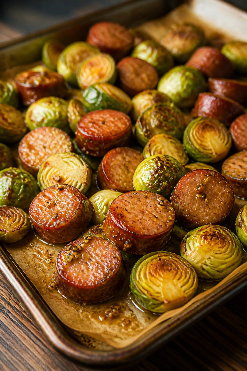 Close-up of kielbasa and Brussels sprouts with glossy honey mustard glaze on a sheet pan