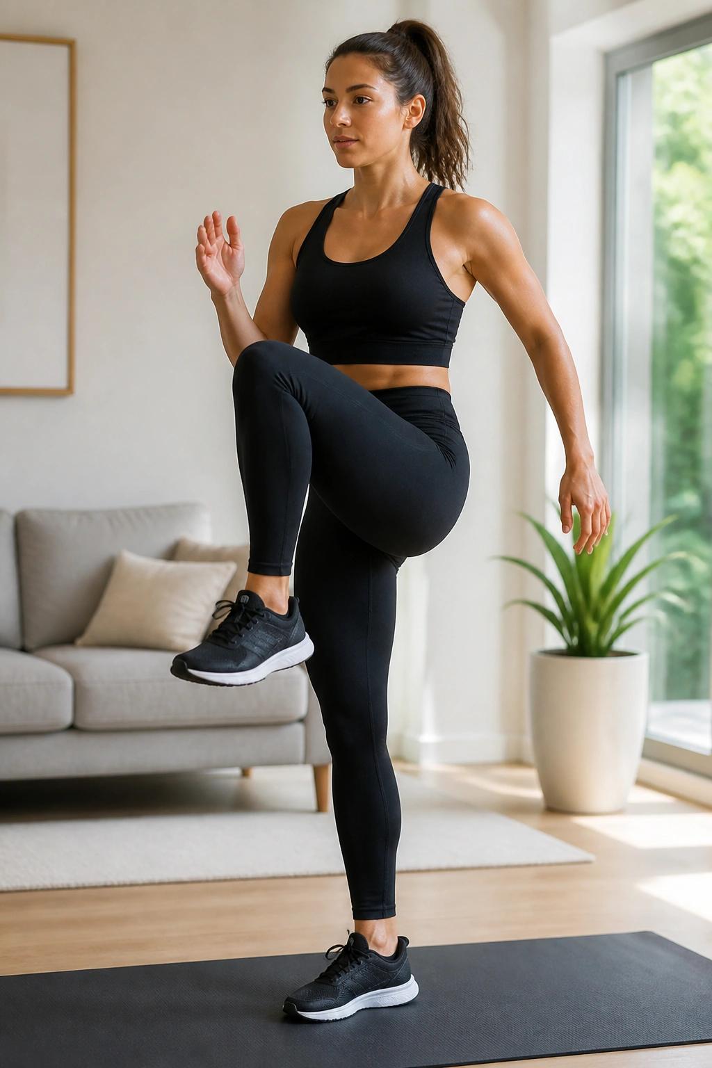 Real person performing squat with alternating knee drive in a bright living room.