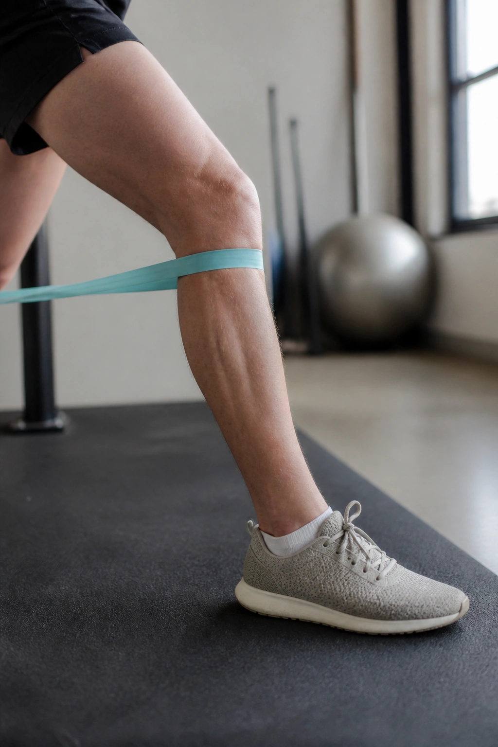 Close-up knee performing terminal knee extension with resistance band