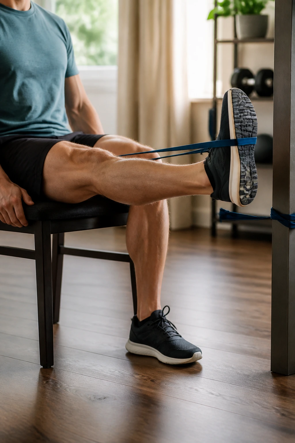 Close-up of a person performing seated knee extensions with a resistance band in a chair