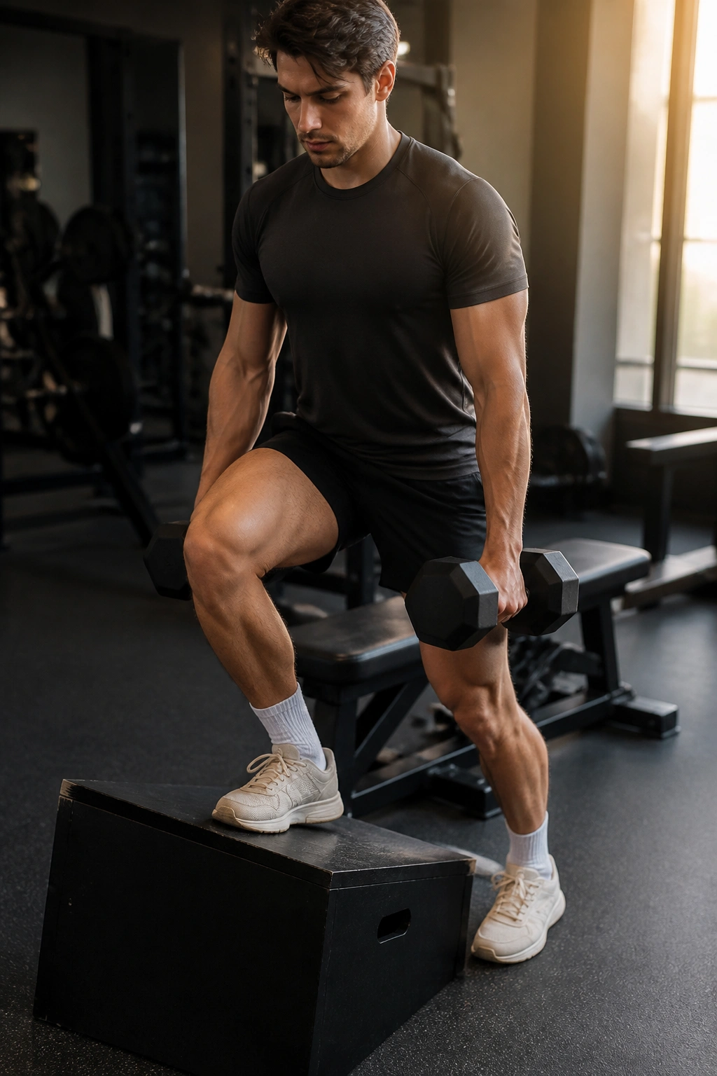 Person performing knee-stability step-ups on a slanted platform in a gym.