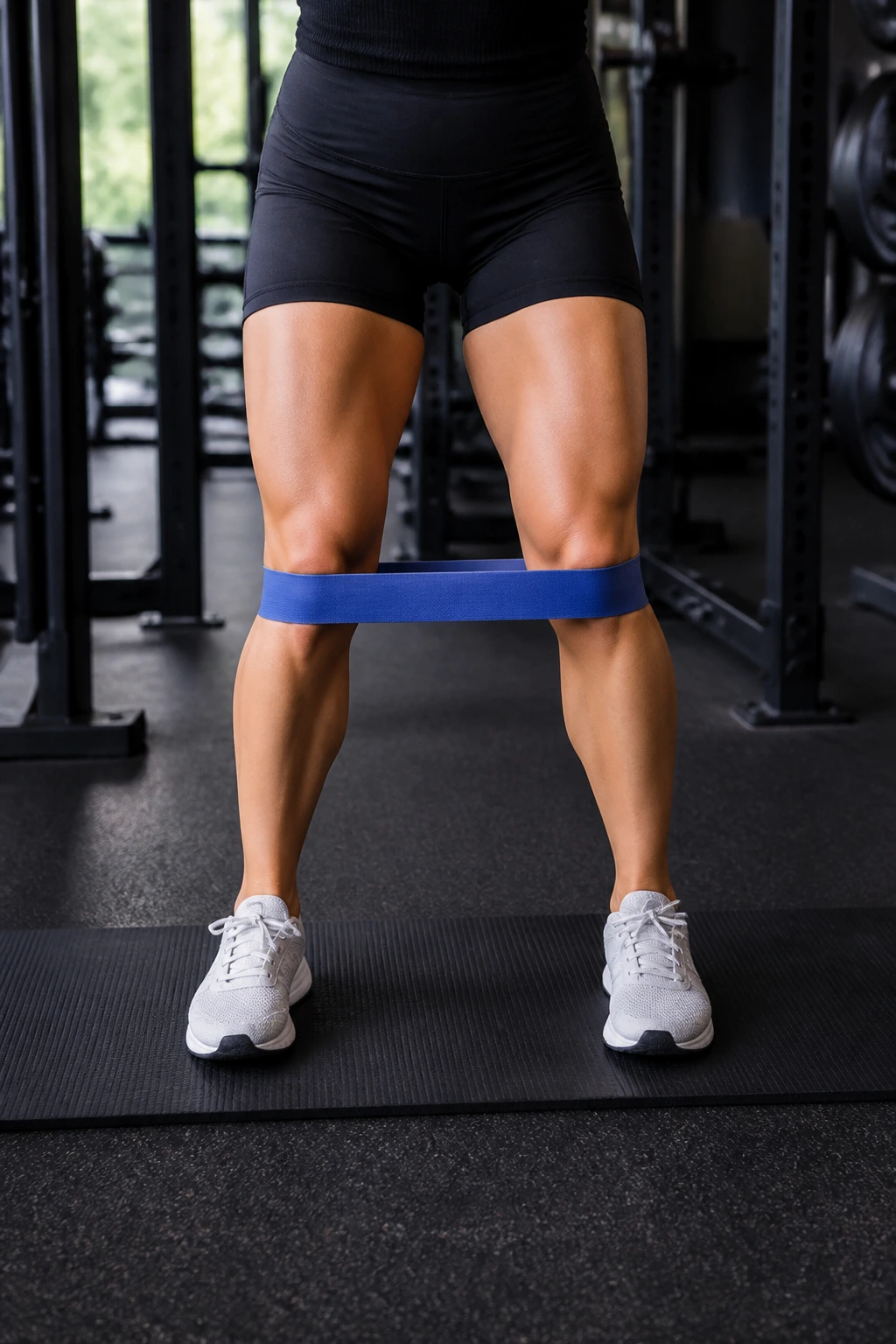 Lower body close-up showing knees moving inward and outward against a band