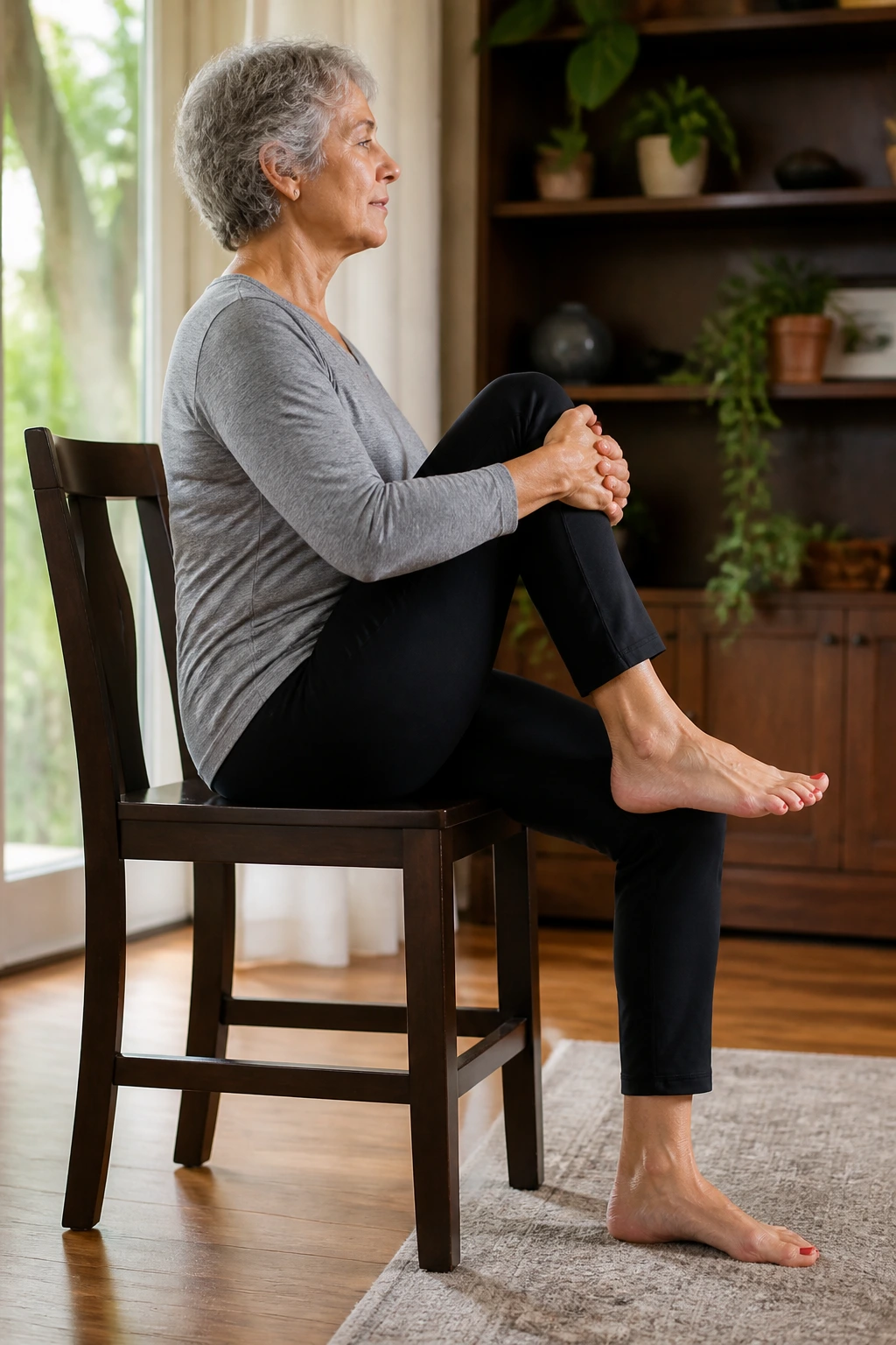 Senior seated performing knee lift with ankle cross on chair