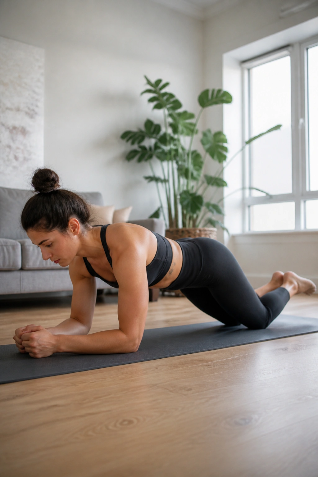 Person performing a knee plank with a straight line from head to knees