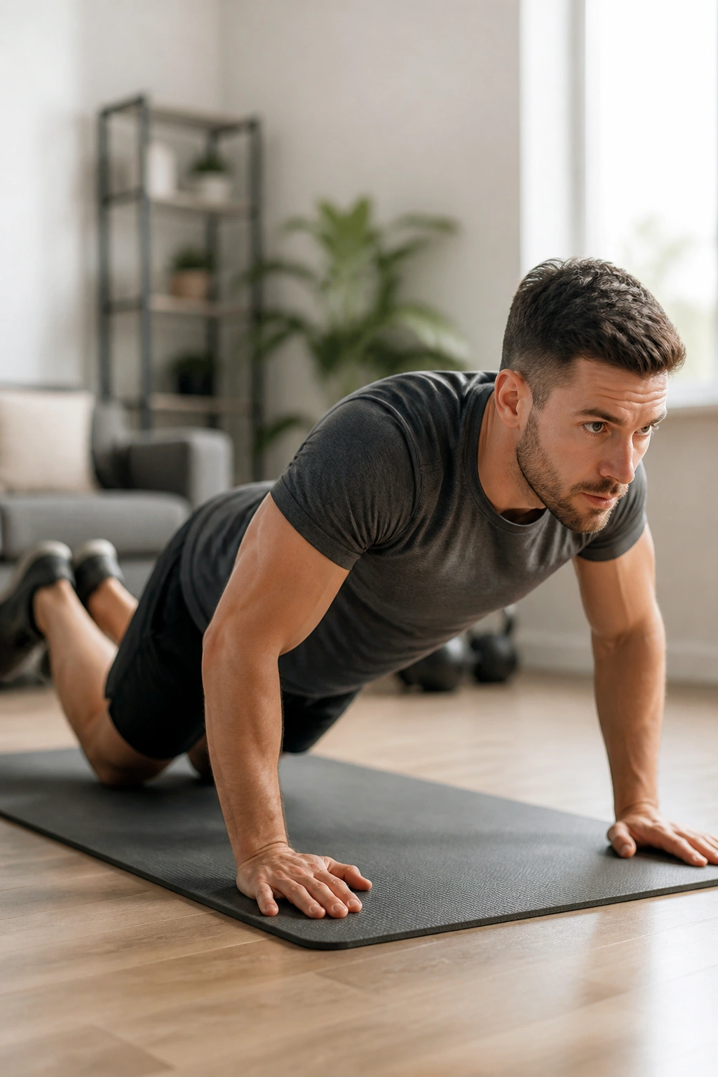 Close-up of a person performing a knee push-up on a mat