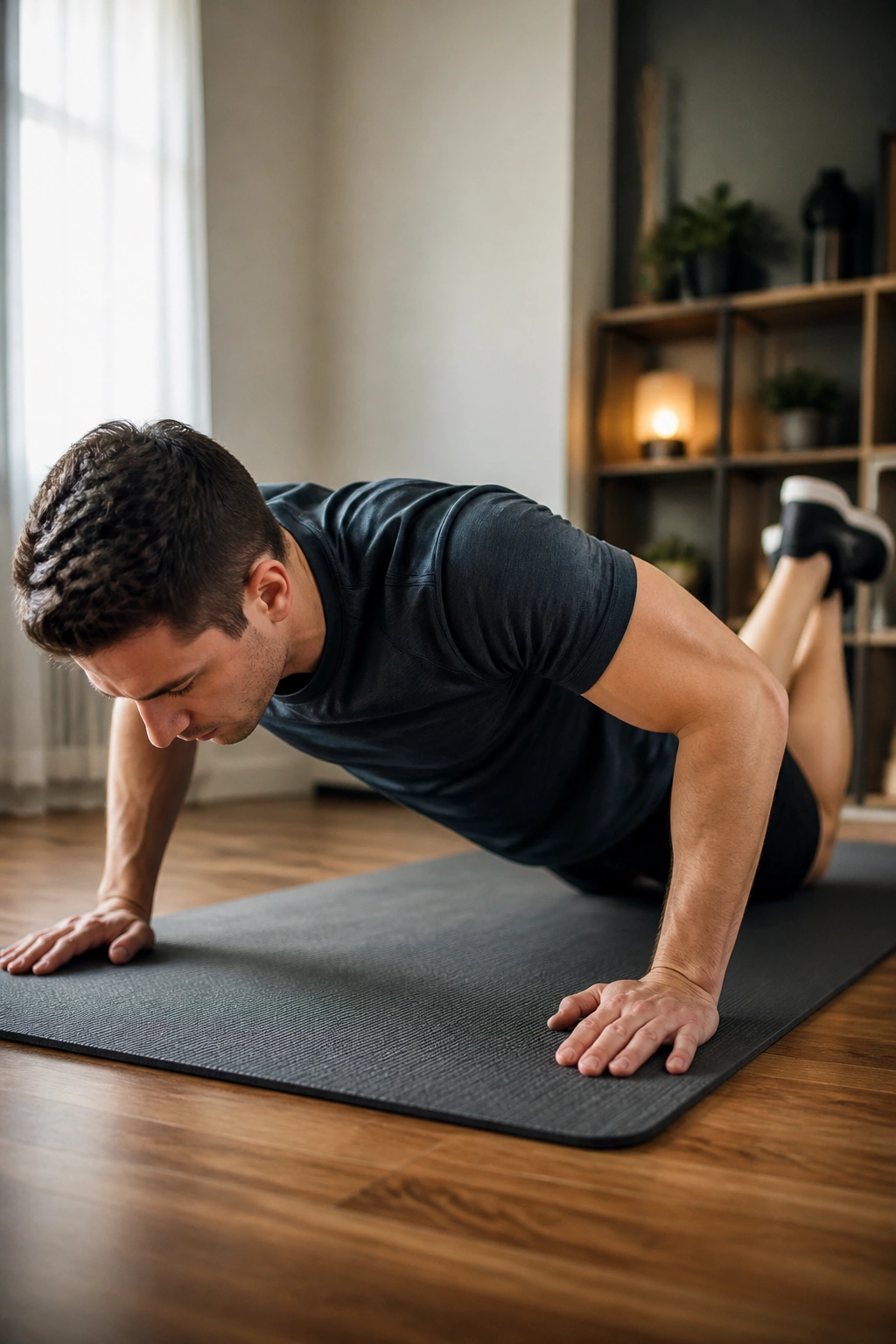 Real person doing knee push-ups on a mat with straight line from head to knees.