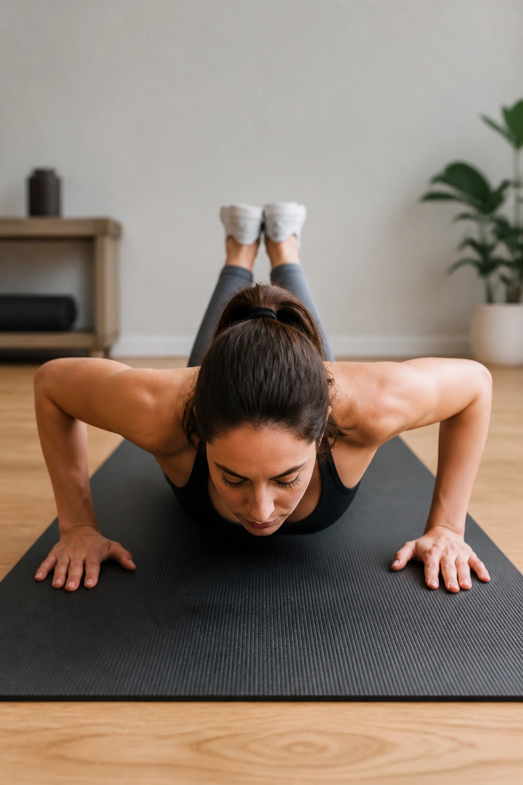 Person performing knee push-ups on a mat in a home space