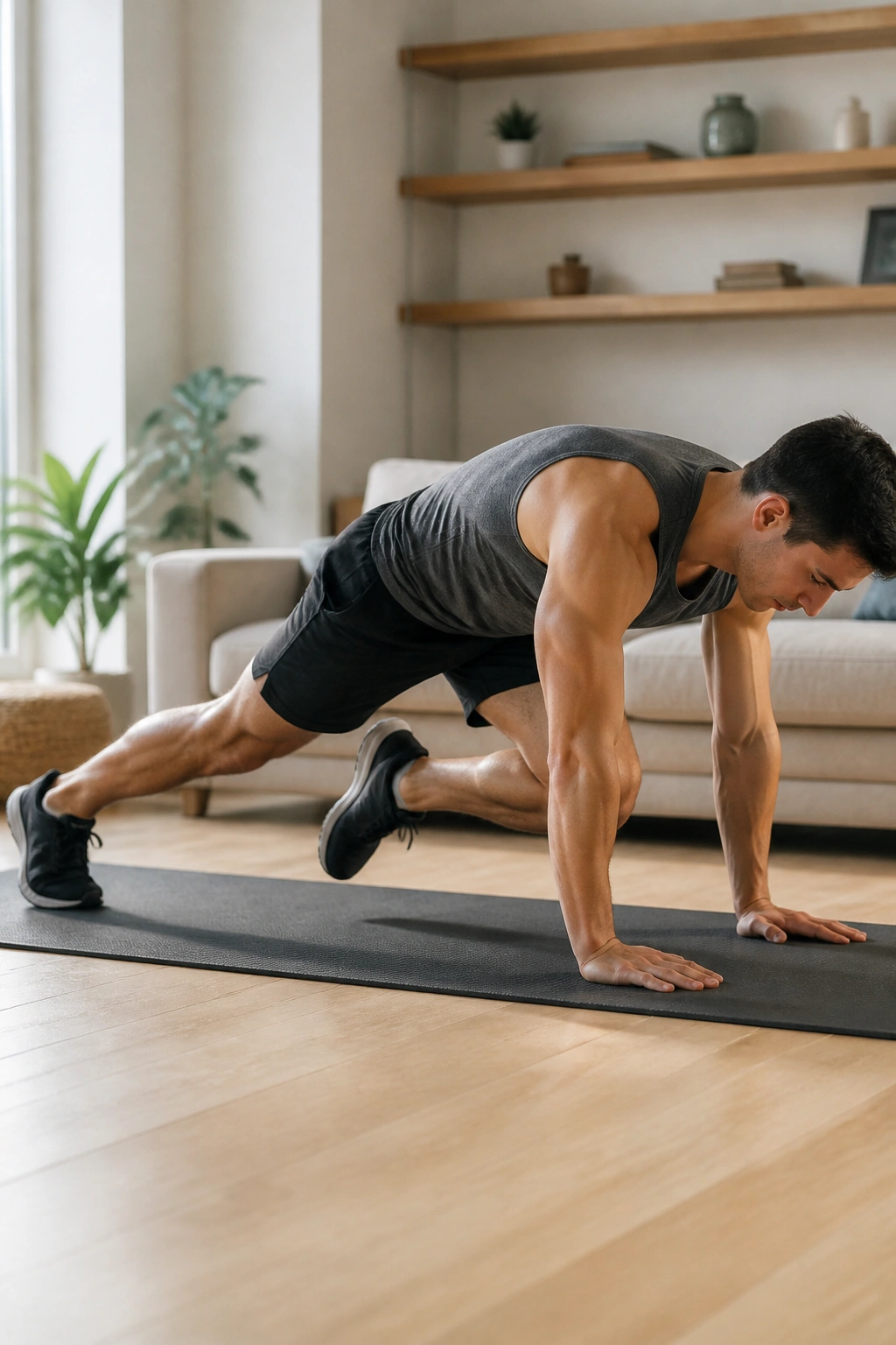 Knee-to-elbow plank with knee toward elbow on a mat