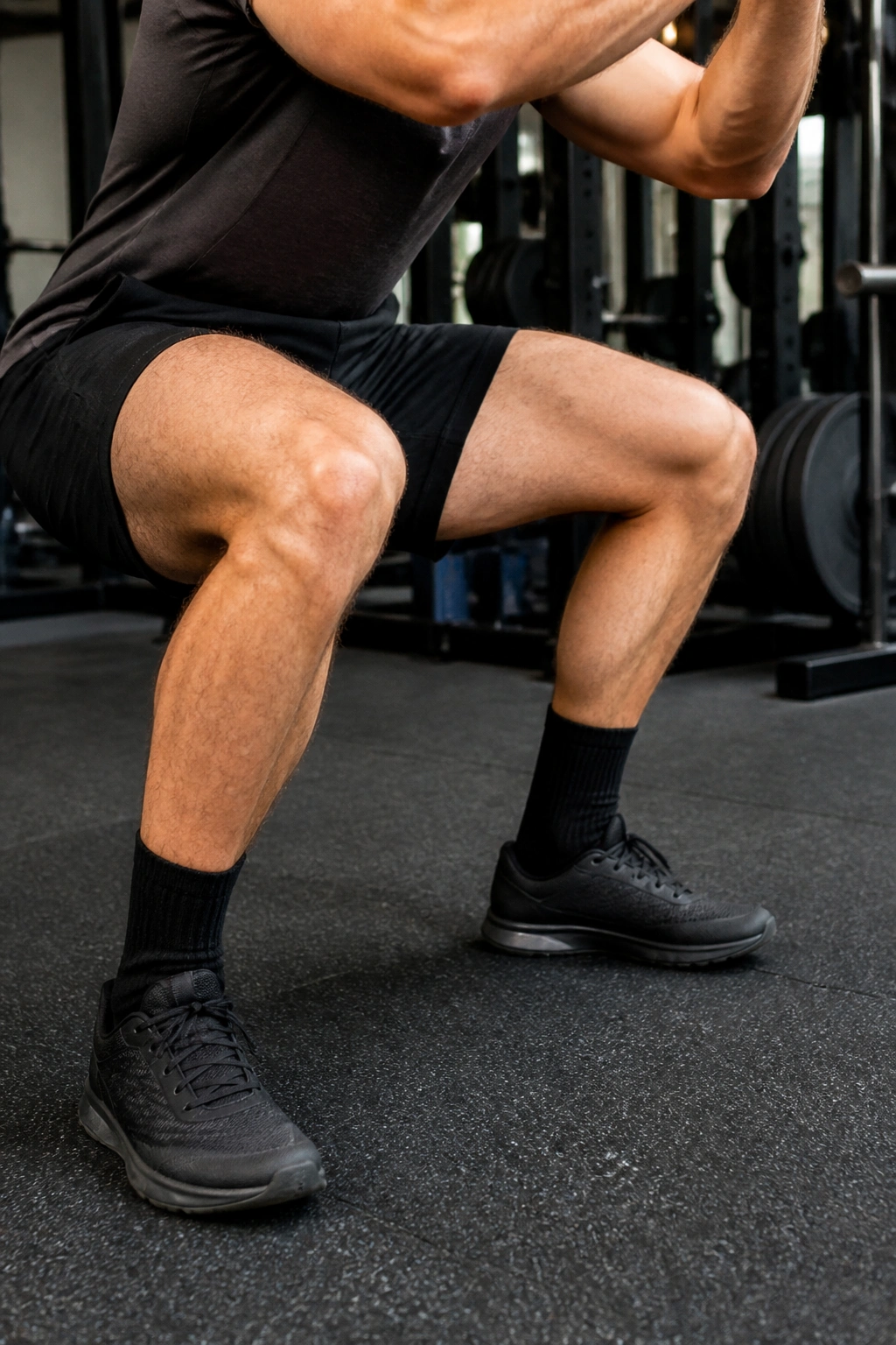Knees tracking over toes during squat with proper alignment in a gym.