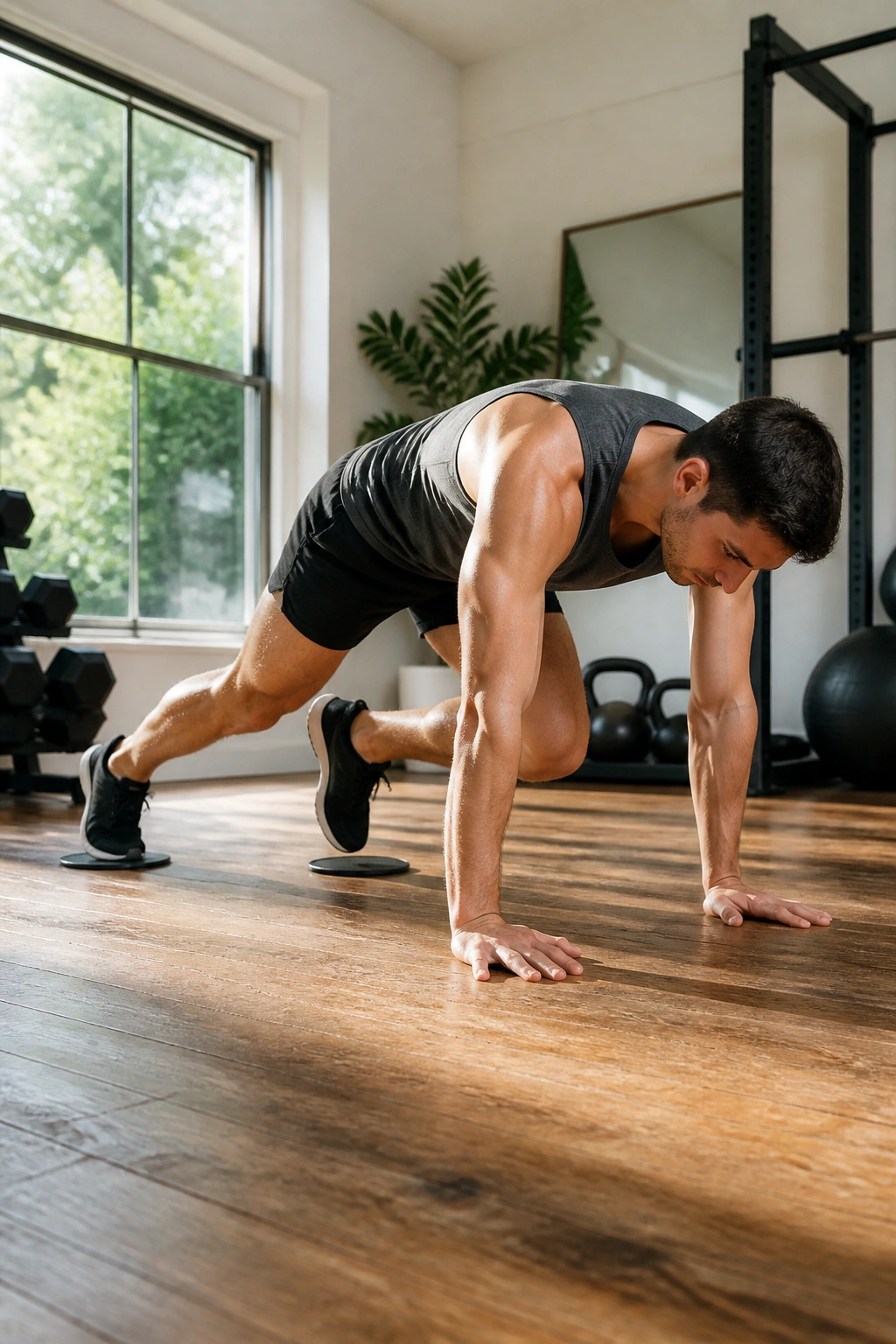 Person performing knee tucks with sliders, maintaining plank position