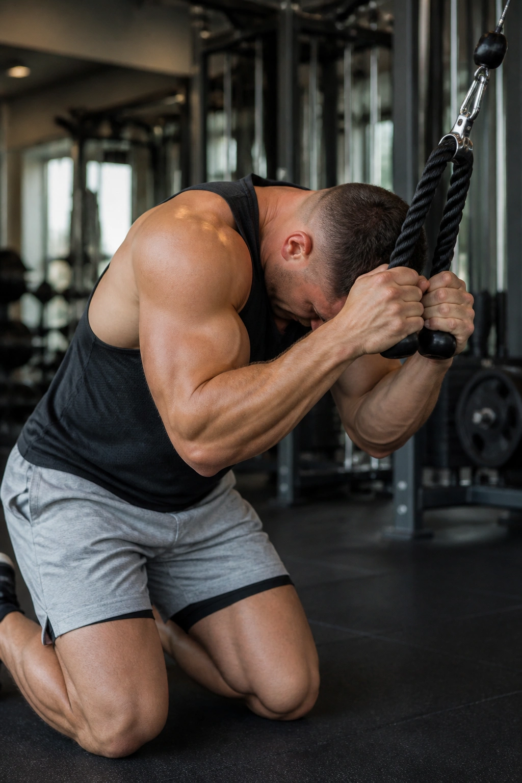Mid-torso view of a person performing a kneeling cable crunch with a rope at the sternum in a gym