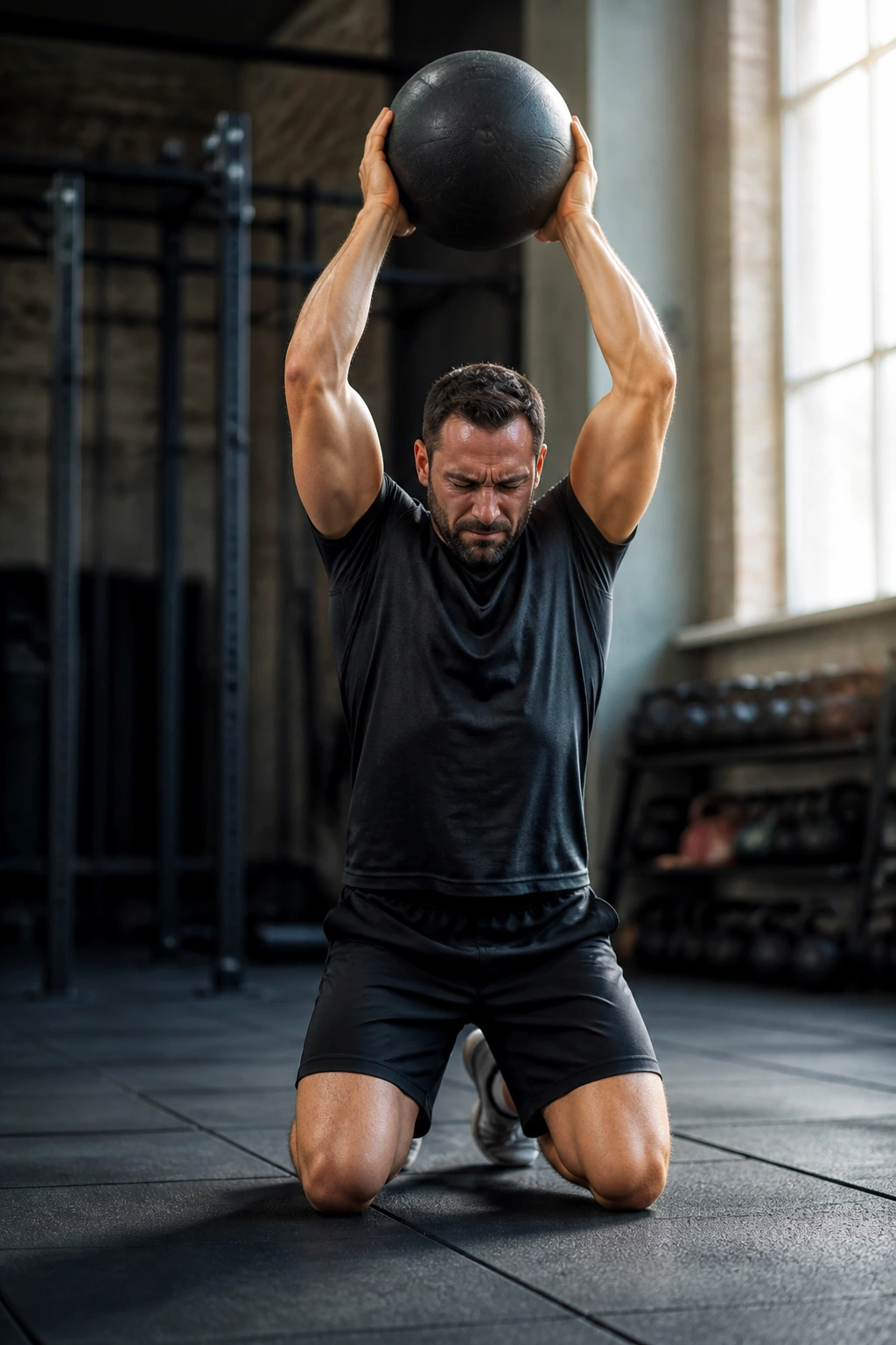 Athlete kneeling and overhead slamming a slam ball