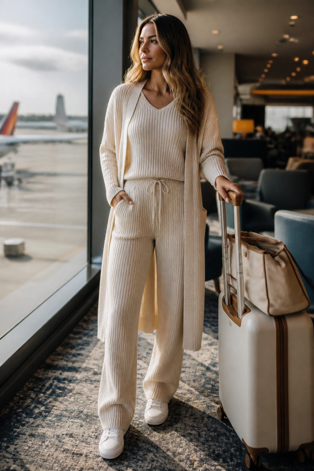 Traveler wearing a matching knit set with a long cardigan in an airport lounge