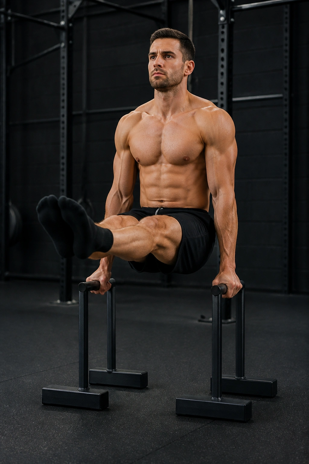 Front view of a person on parallettes performing an L-sit hold with legs extended
