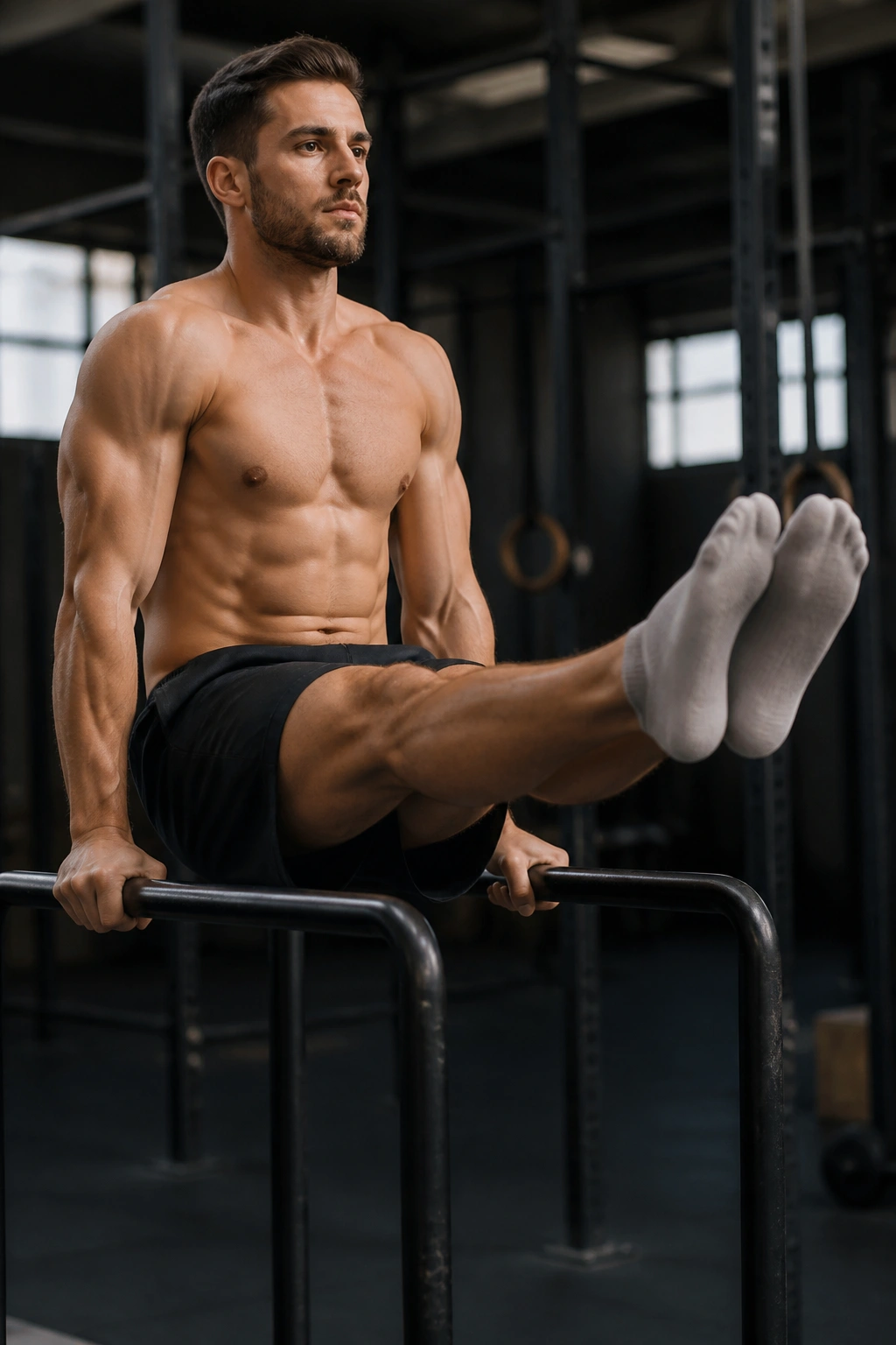 Real person performing an L-sit on parallel bars with legs extended