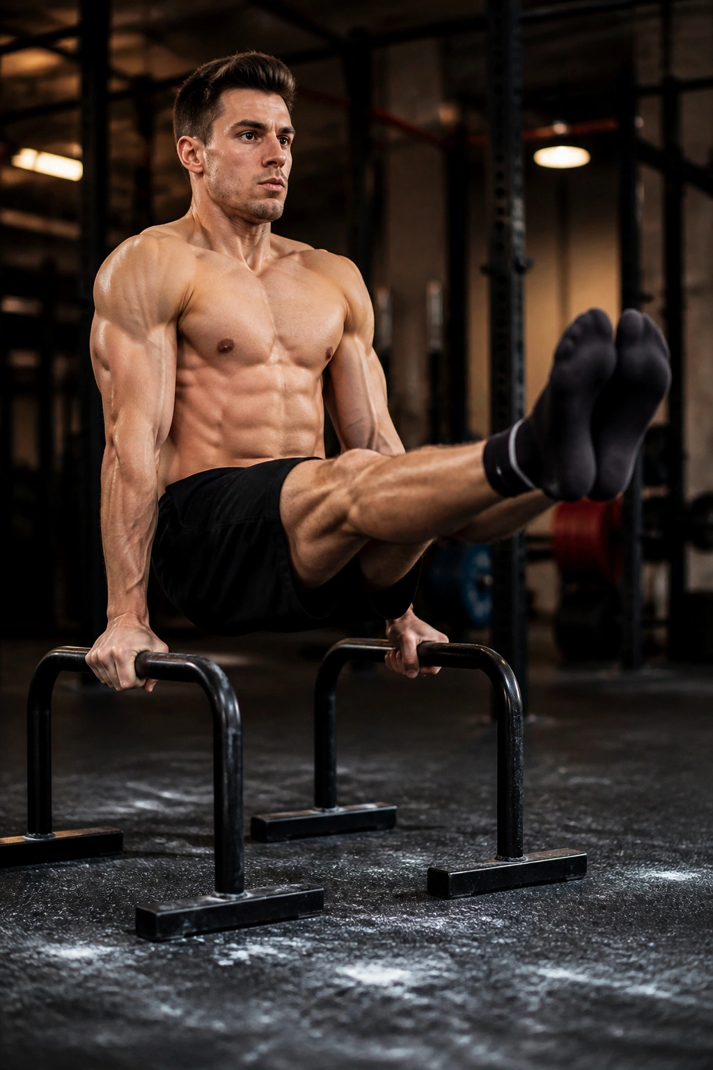 Athlete performing an L-Sit on parallettes with strong core engagement.