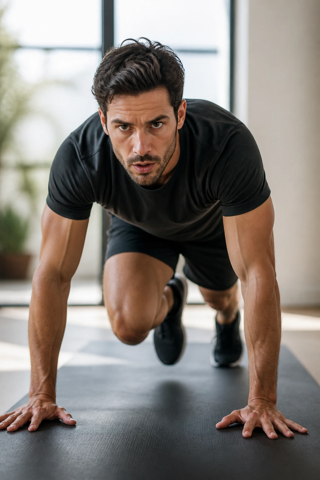 Medium close-up of a real person performing a ladder-style bodyweight circuit on a mat in a bright home gym