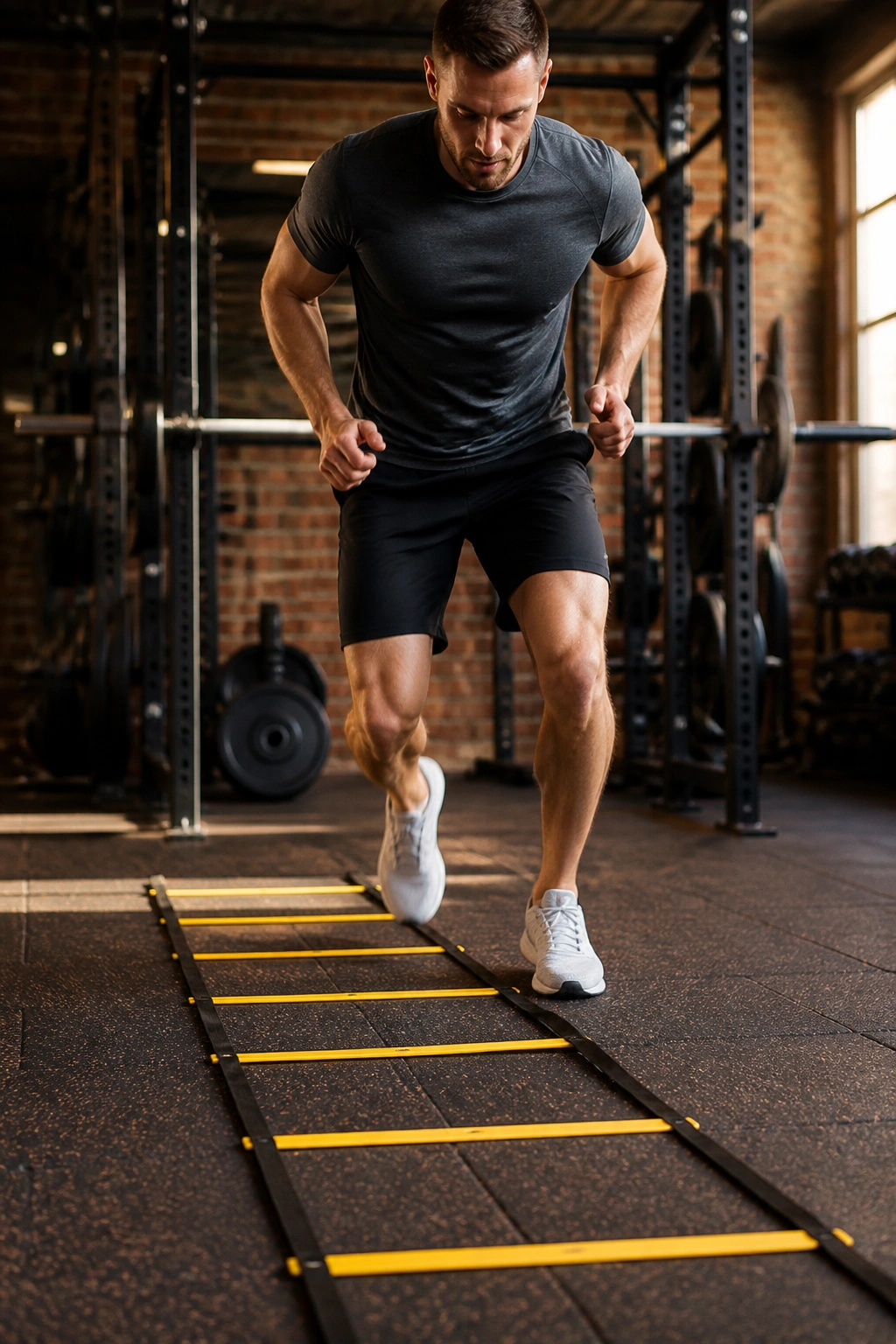 Athlete performing ladder drill in a gym