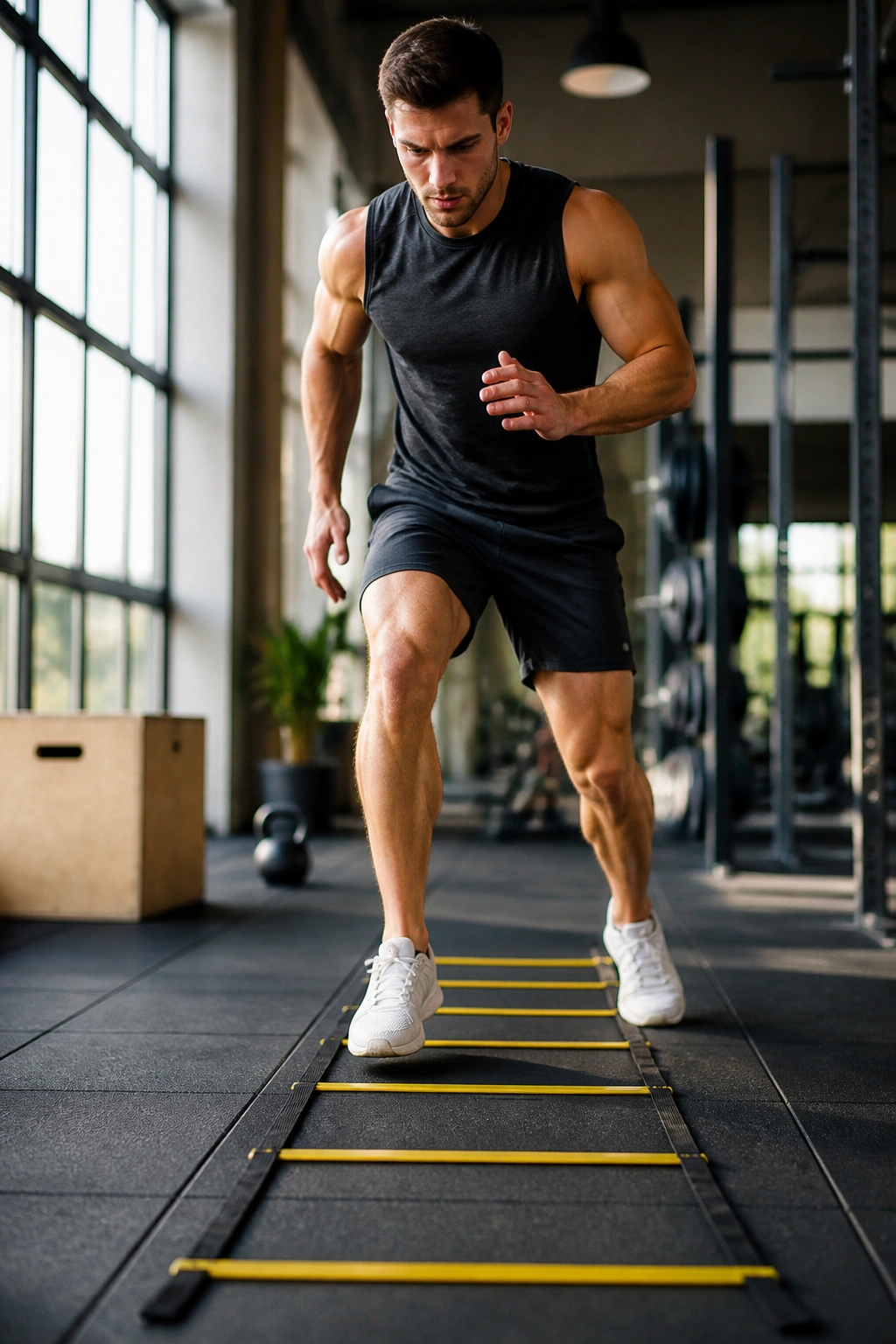Athlete performing ladder drill in gym, mid-action