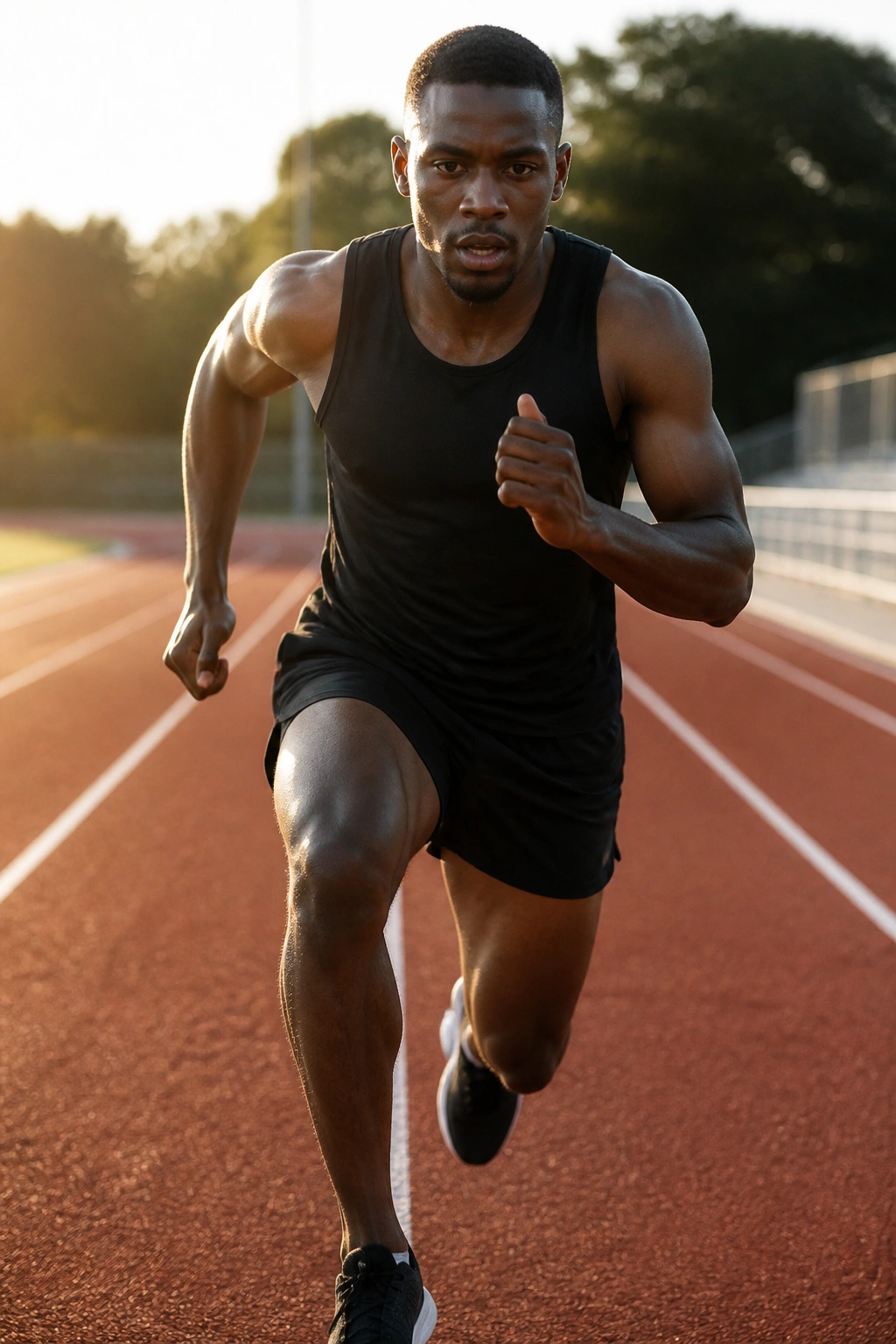 Runner in mid-ladder drill on a track maintaining form through 100-200-300-200-100