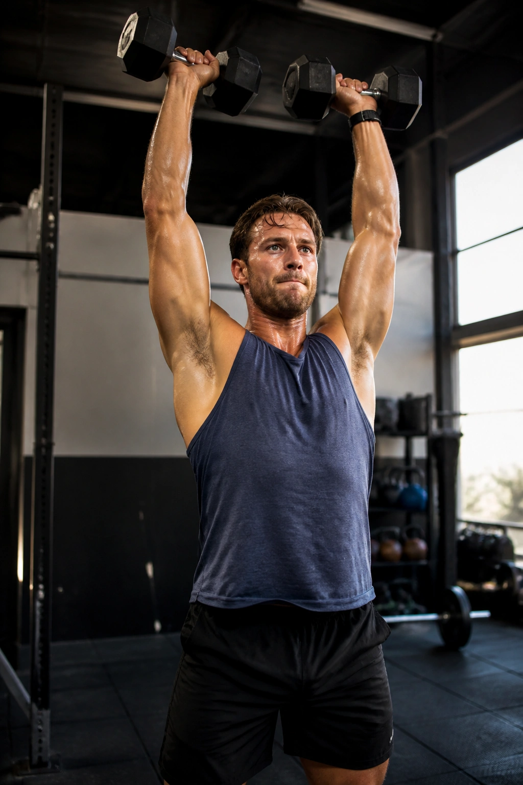 Person performing dumbbell thruster during ladder style workout in gym