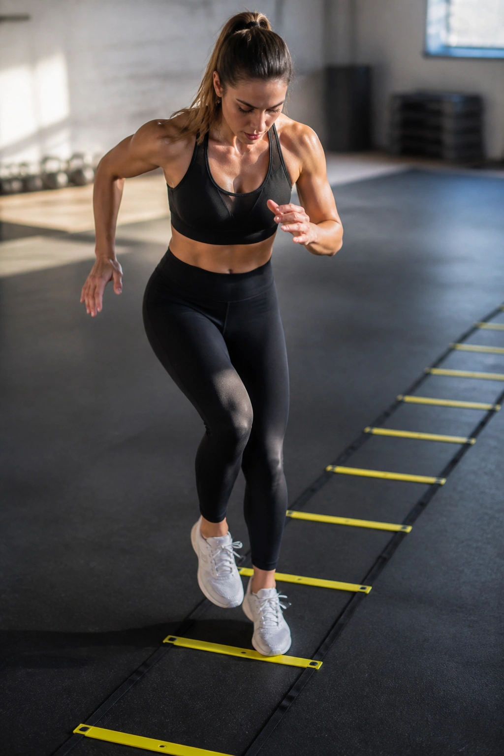 Athlete performing ladder-based exercise with ladder dominant in frame