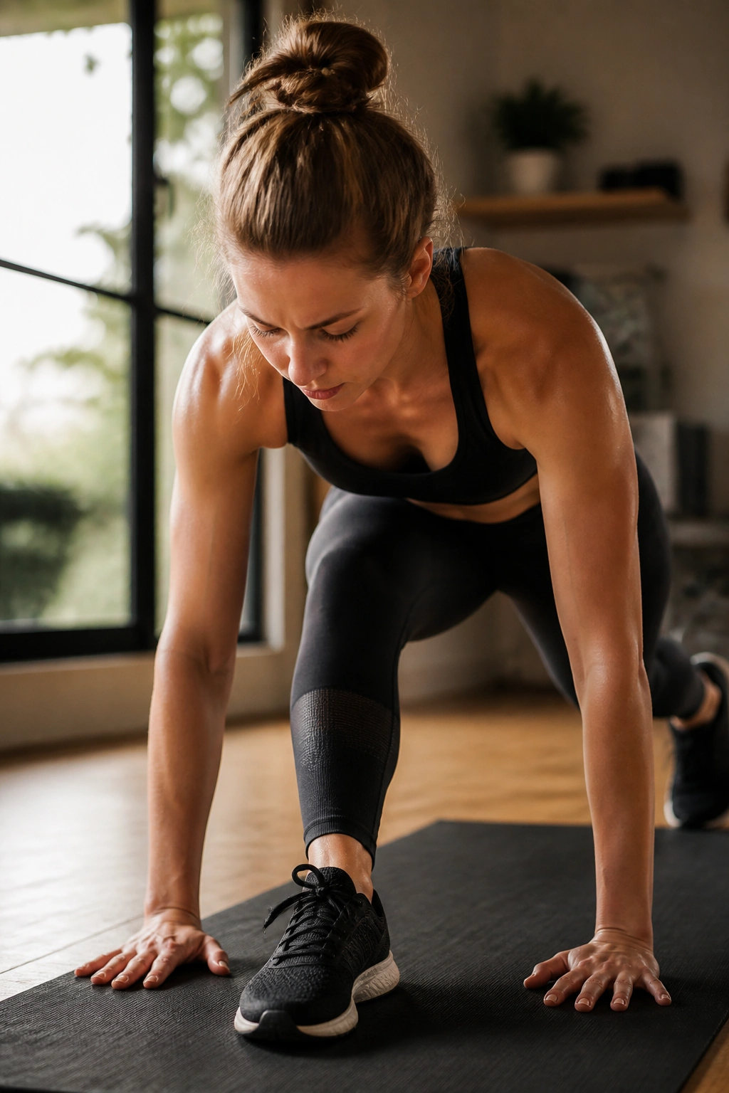 Full-body action shot of a person performing a ladder finisher on a gym mat in a home workout space