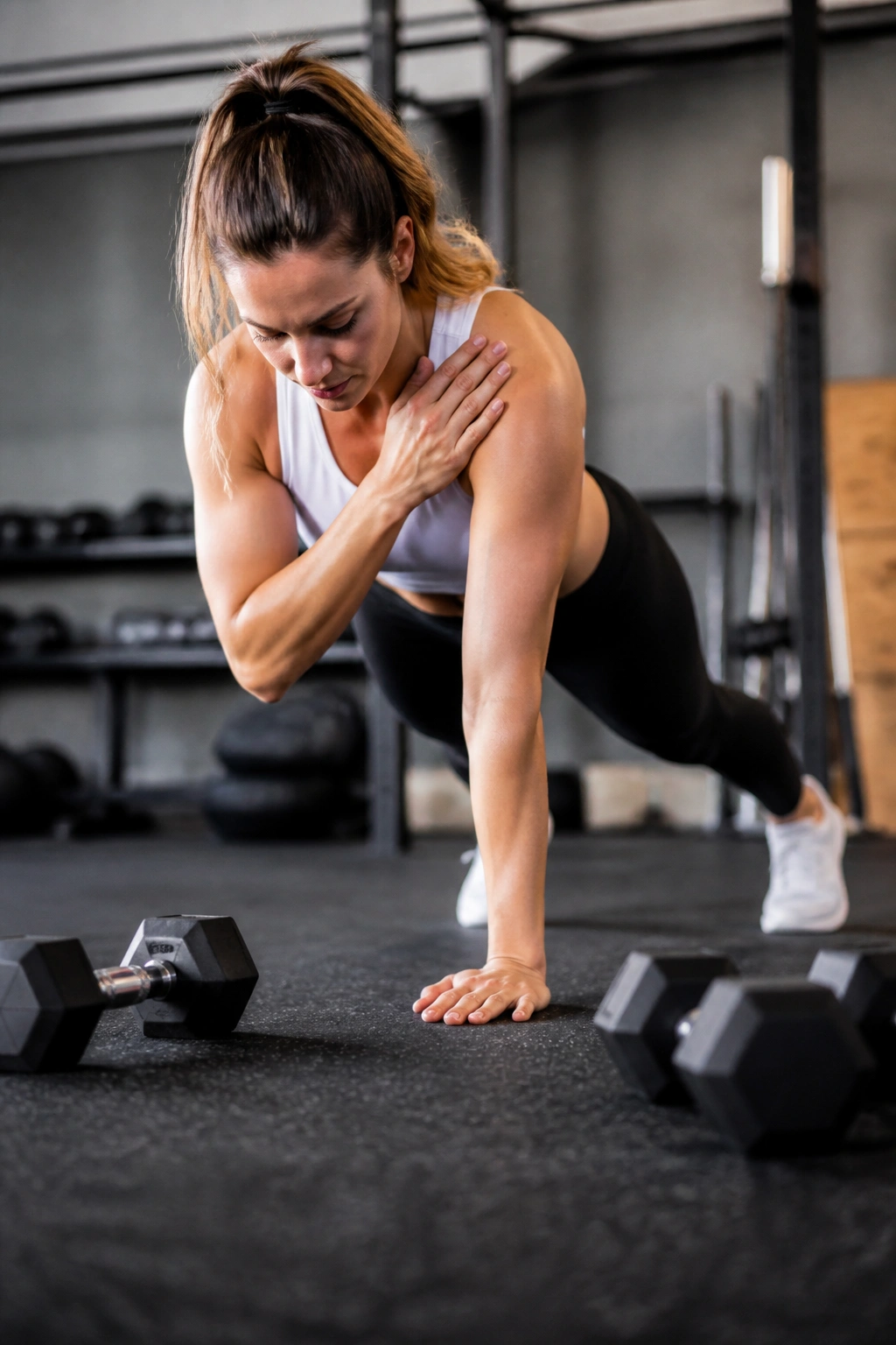 Person performing a ladder finisher move in gym with arms and core engaged