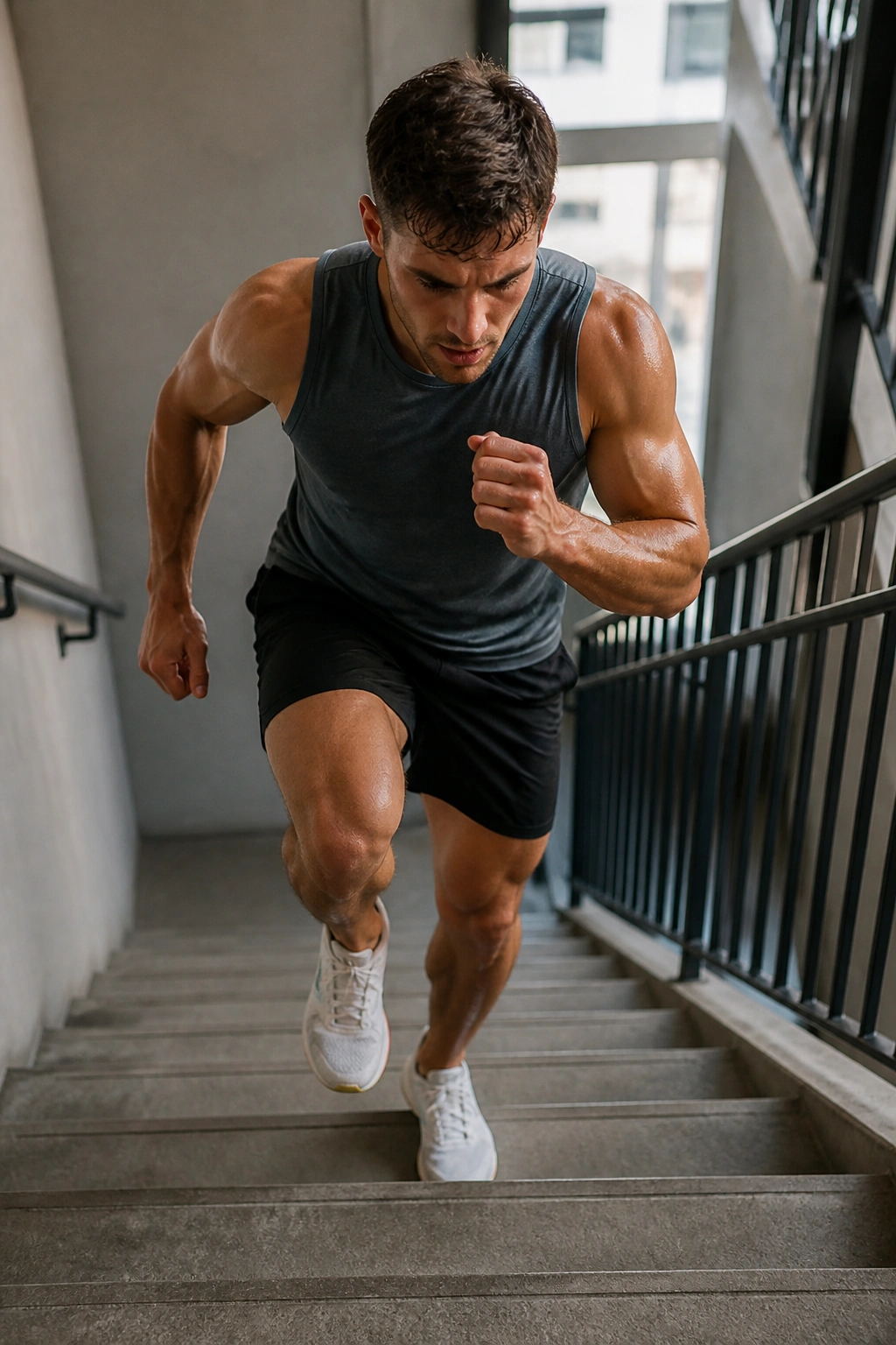 Athlete progressing through ladder-style stair finisher