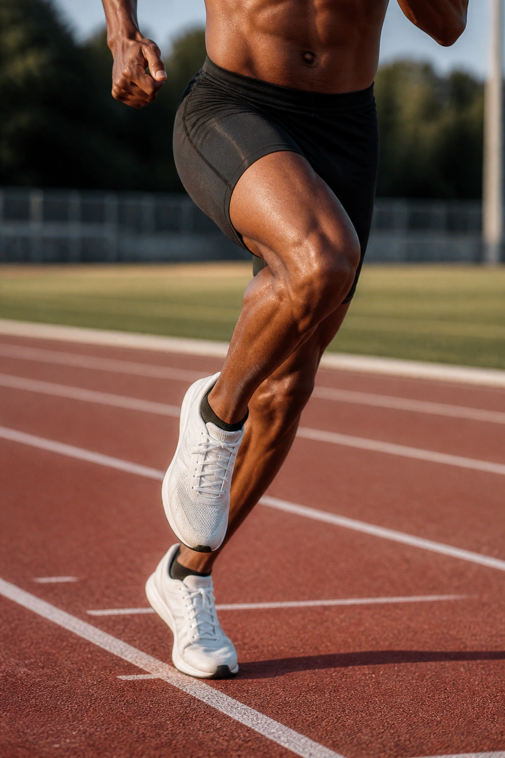 Runner mid-interval on track with fast stride
