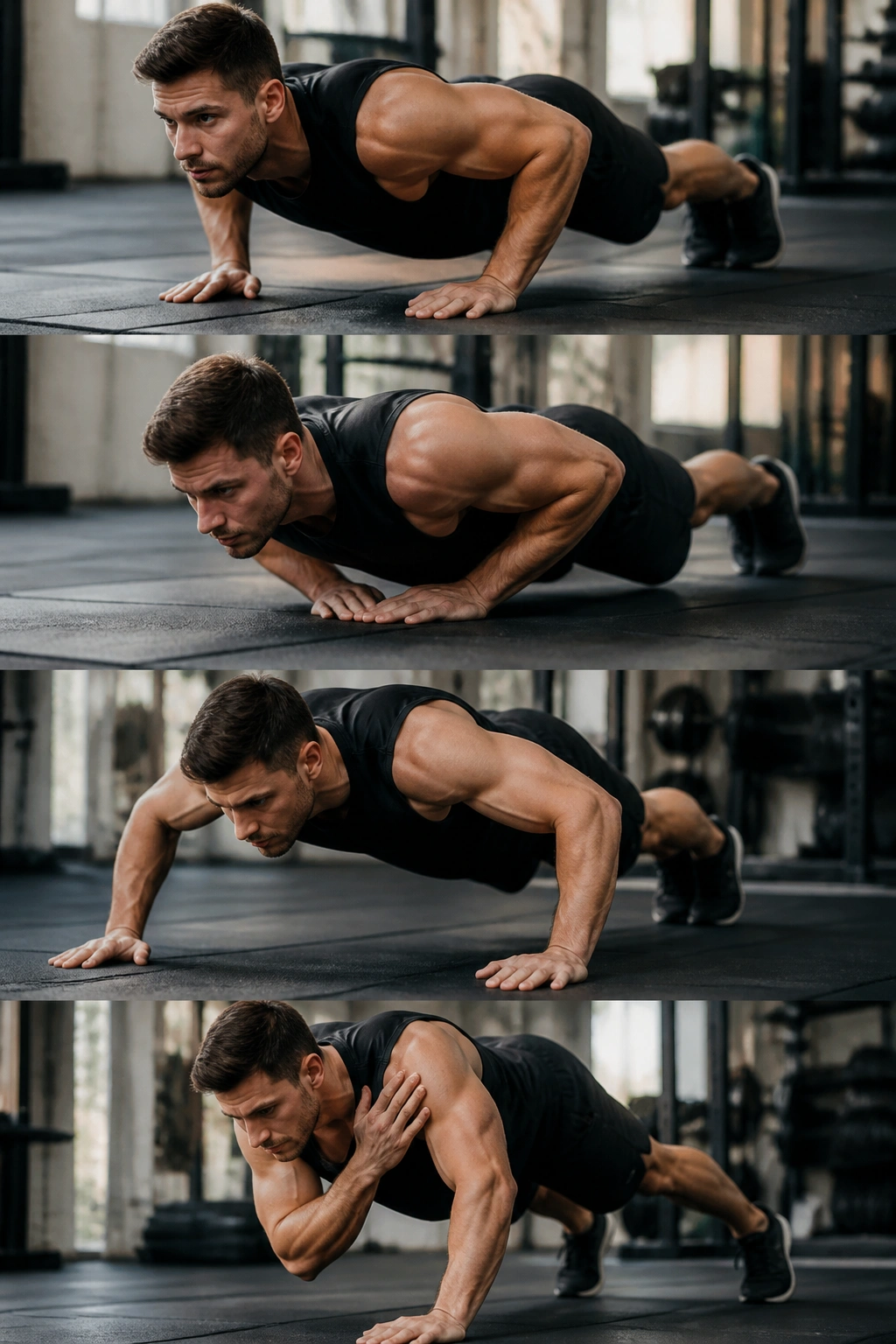 Athlete performing ladder-style push-ups in a circuit sequence
