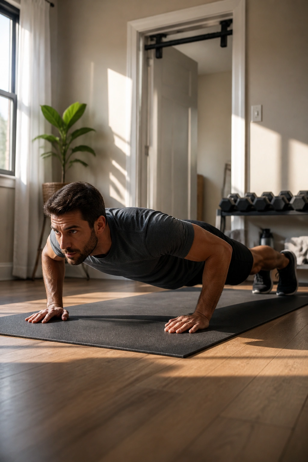 Man doing ladder-style push-ups in a bright home gym