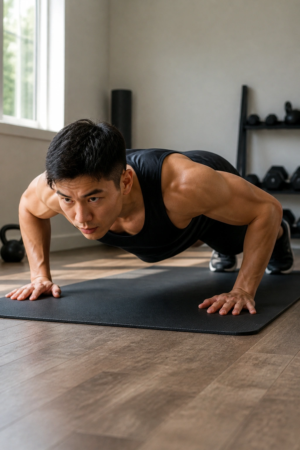 Person doing ladder-style push-ups in a home gym