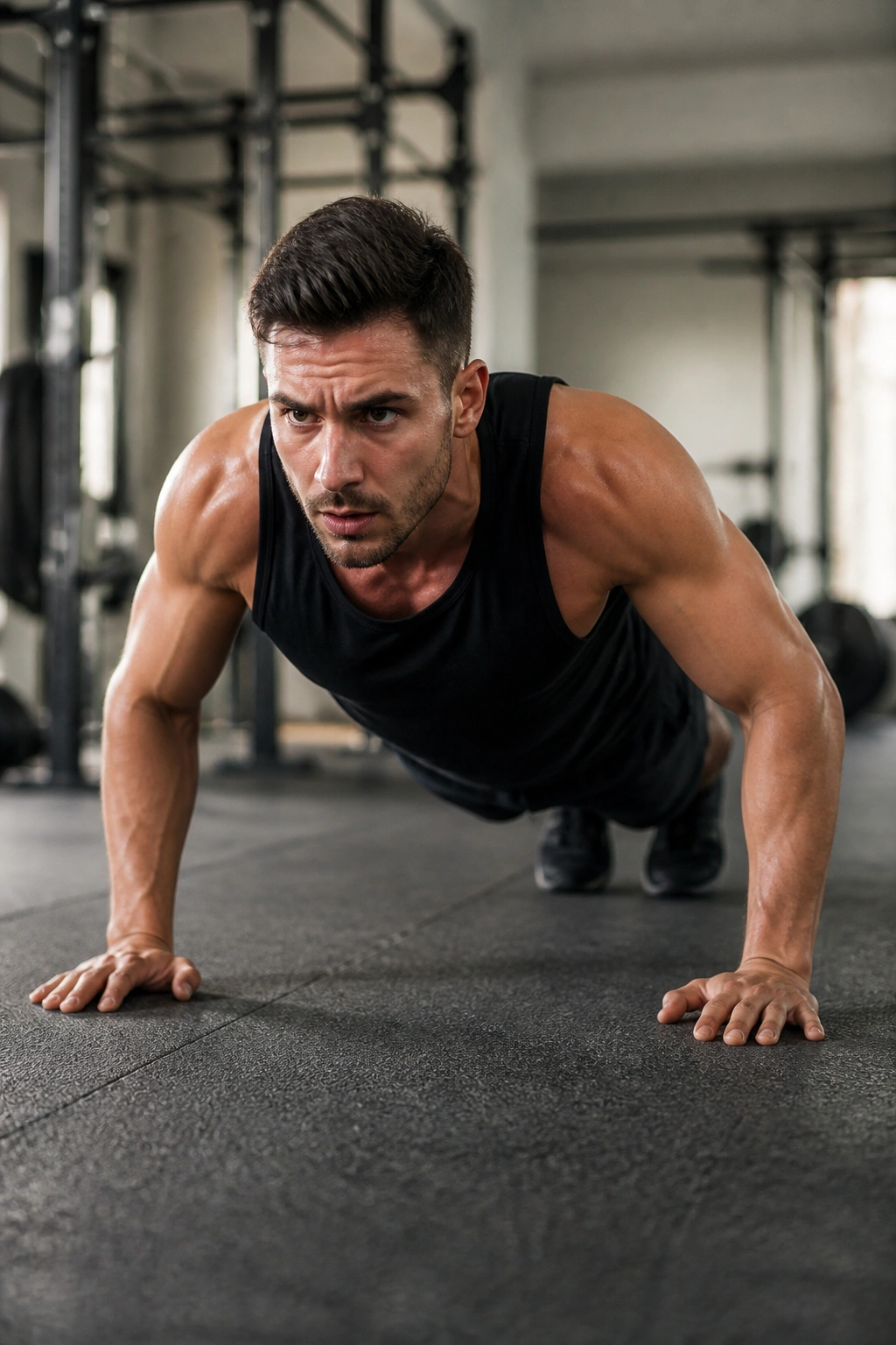 Real person performing push-up in gym for ladder push-up sit-up challenge
