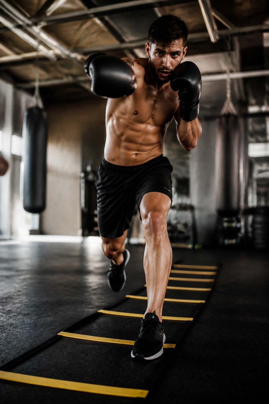 Boxer sprinting across gym floor with ladder markings