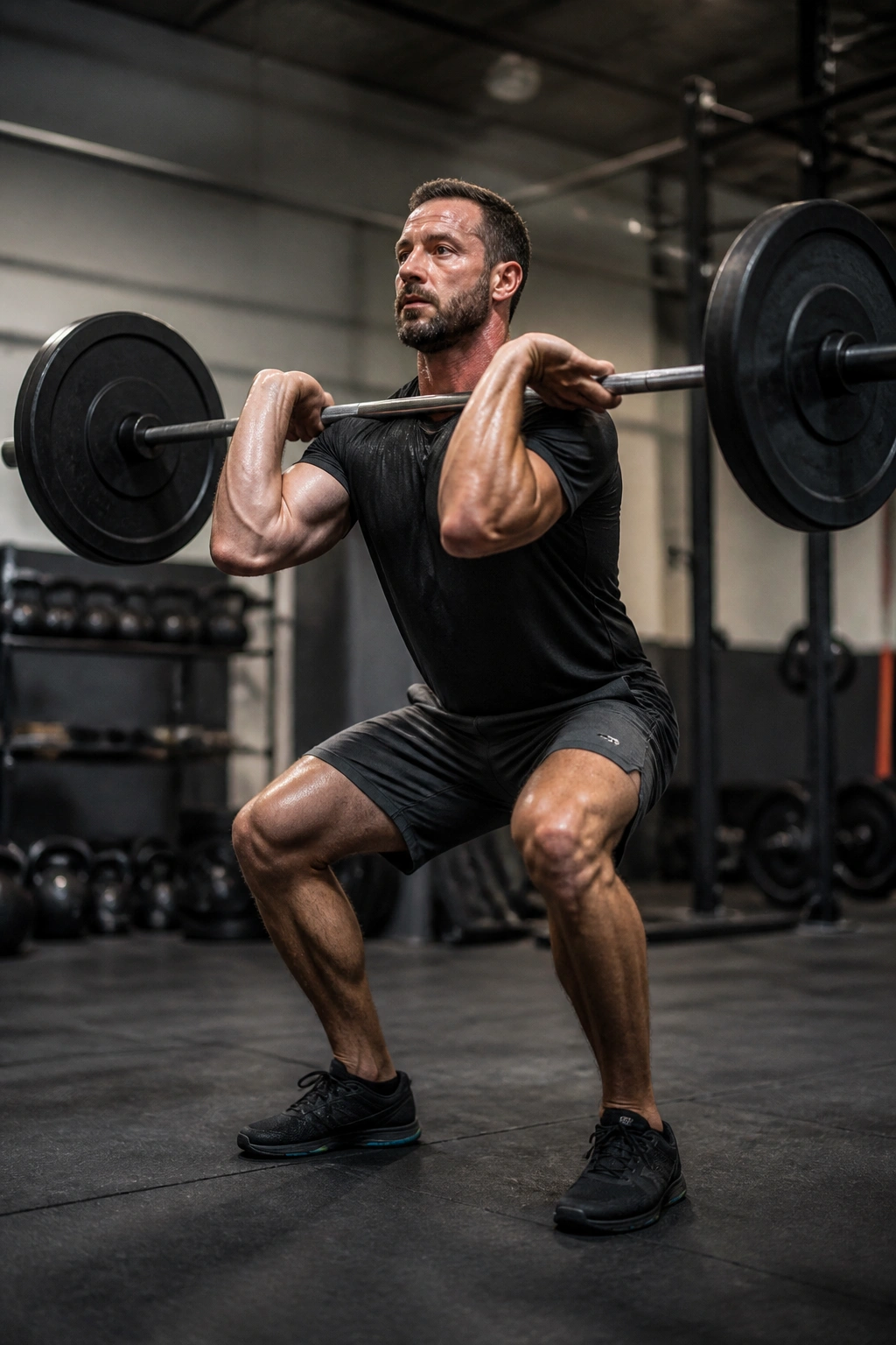 Athlete performing a barbell thruster as part of a ladder workout in gym