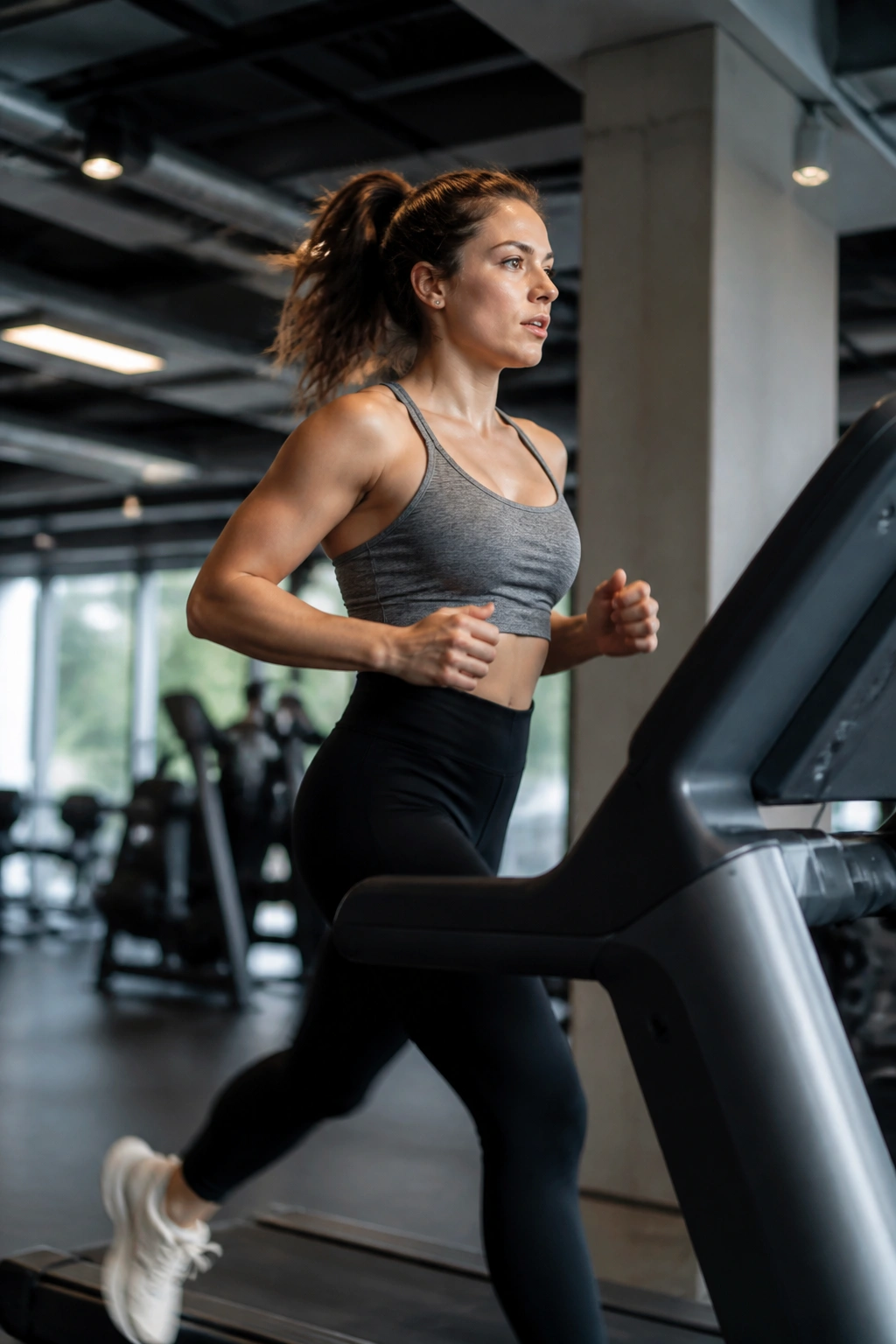Real person in mid-stride on treadmill during ladder workout