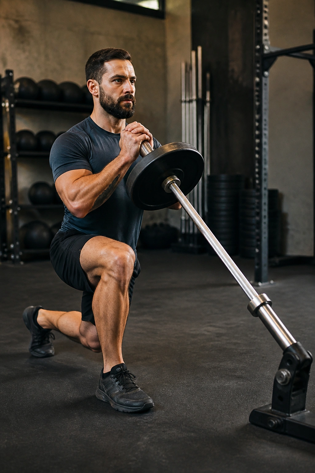 Real person performing landmine lunge in a gym setup