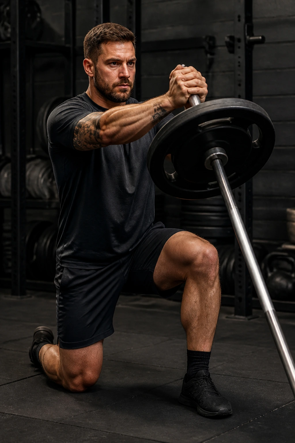 Close-up of athlete performing landmine press with torso rotation in gym