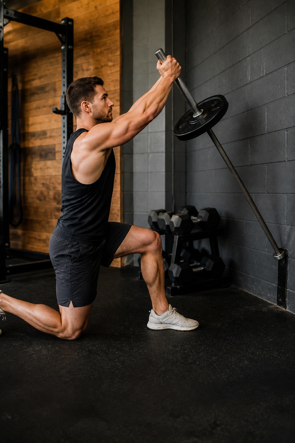 Close up of a lifter performing landmine press in a gym corner with a wall-anchored bar