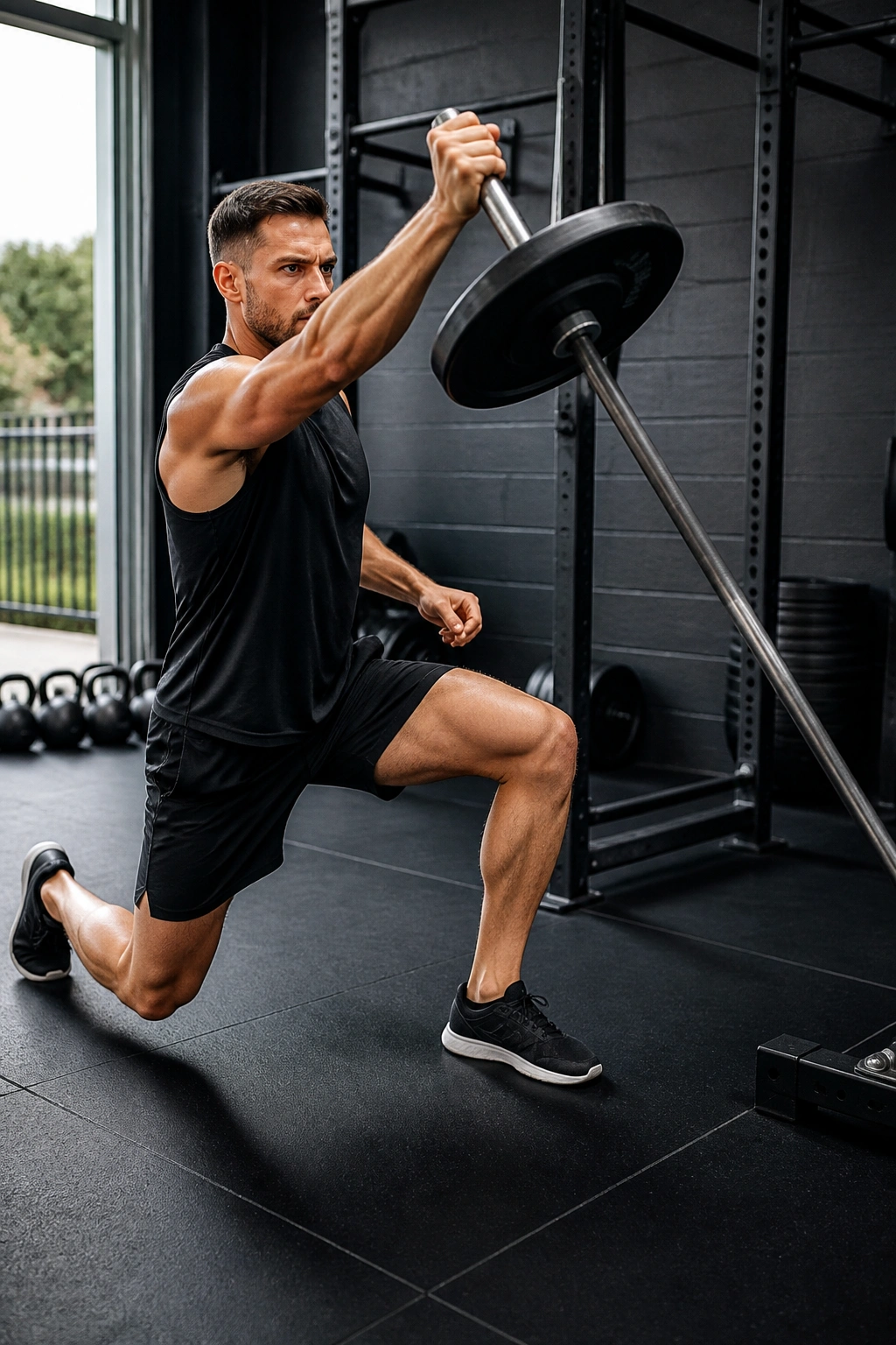 Real person performing a landmine press in half-kneeling stance in a gym