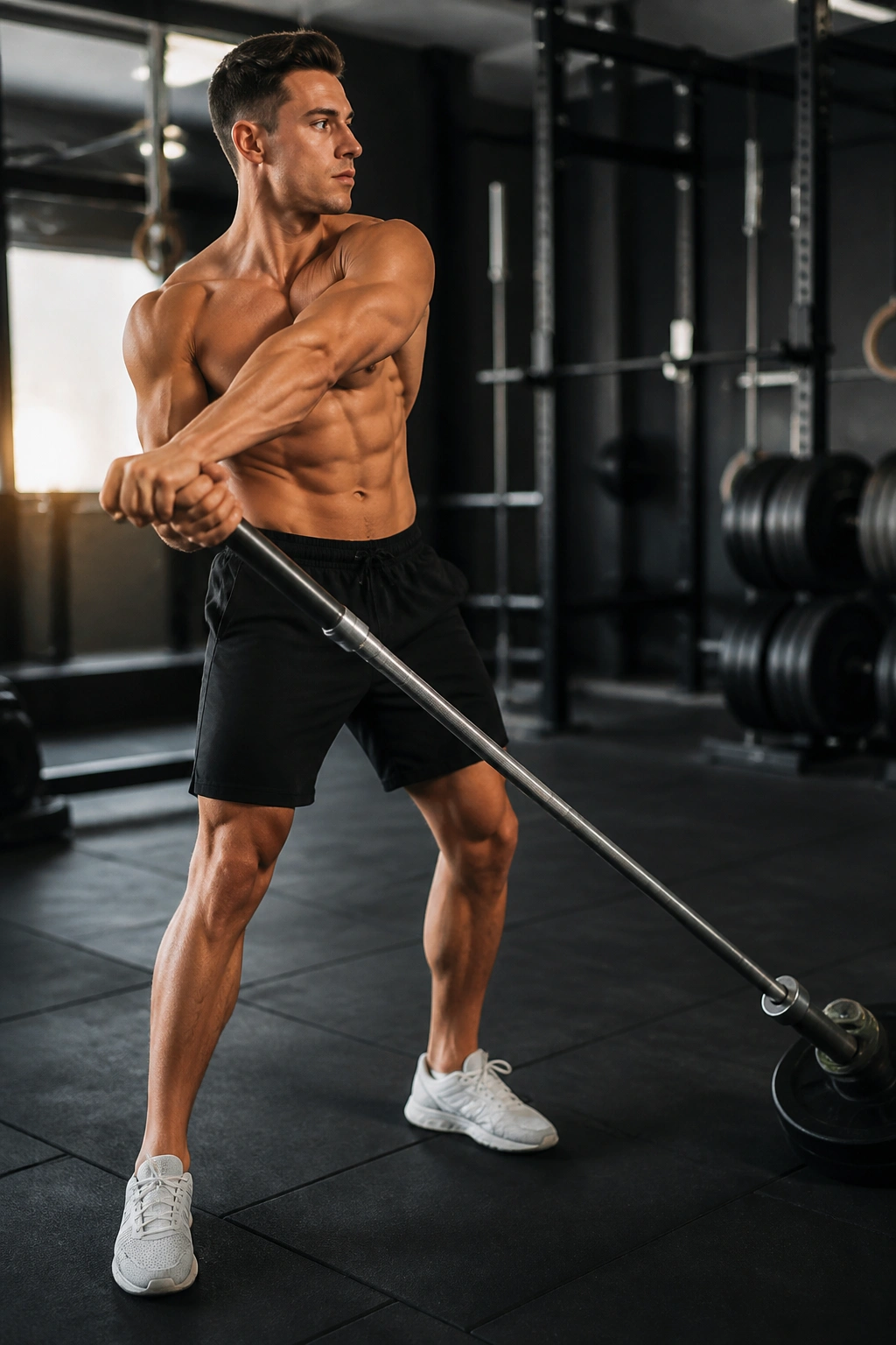 Side view of landmine rotation showing obliques and controlled bar path